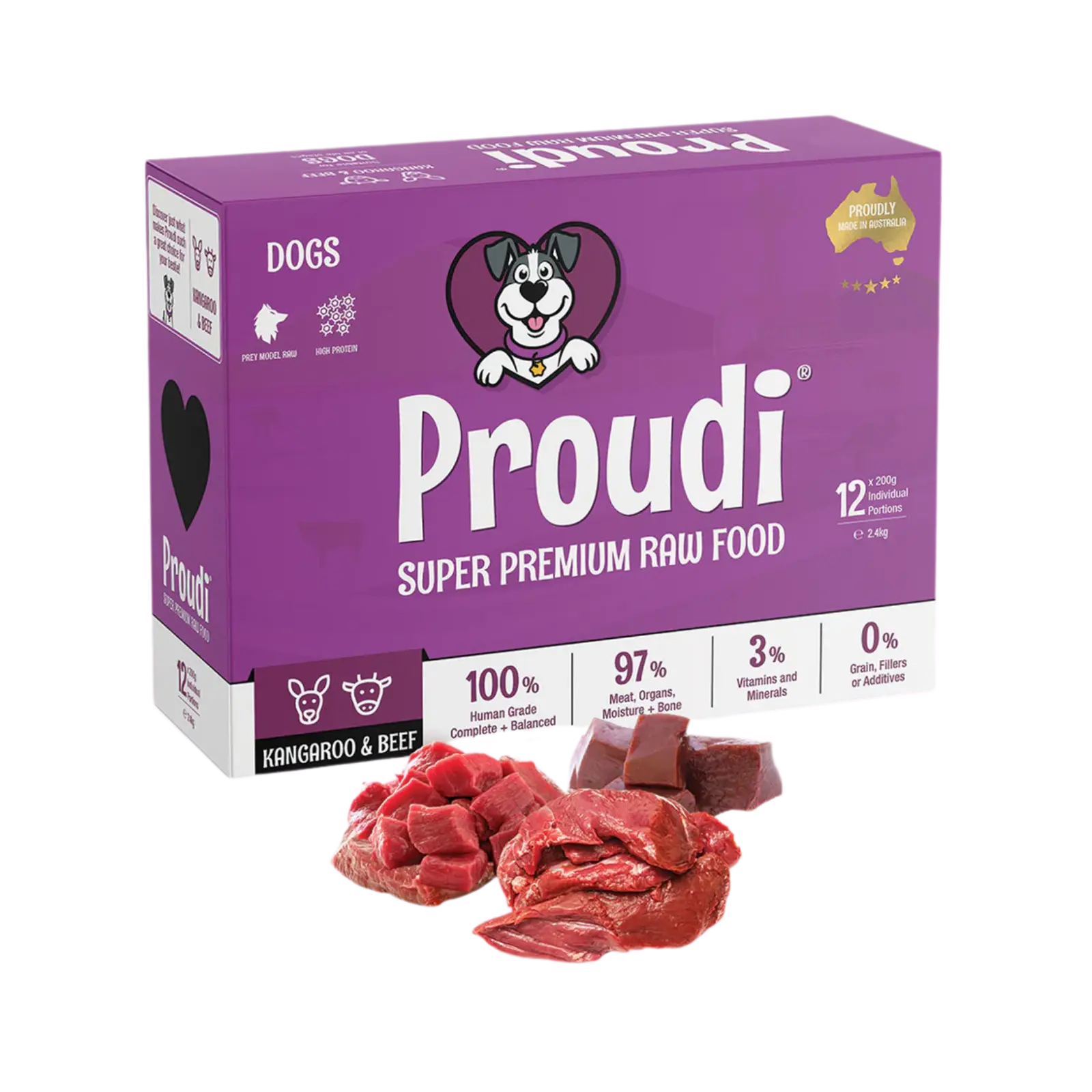 Proudi Kangaroo and Beef Raw Patties for Dogs - 12 x 200g Proudi