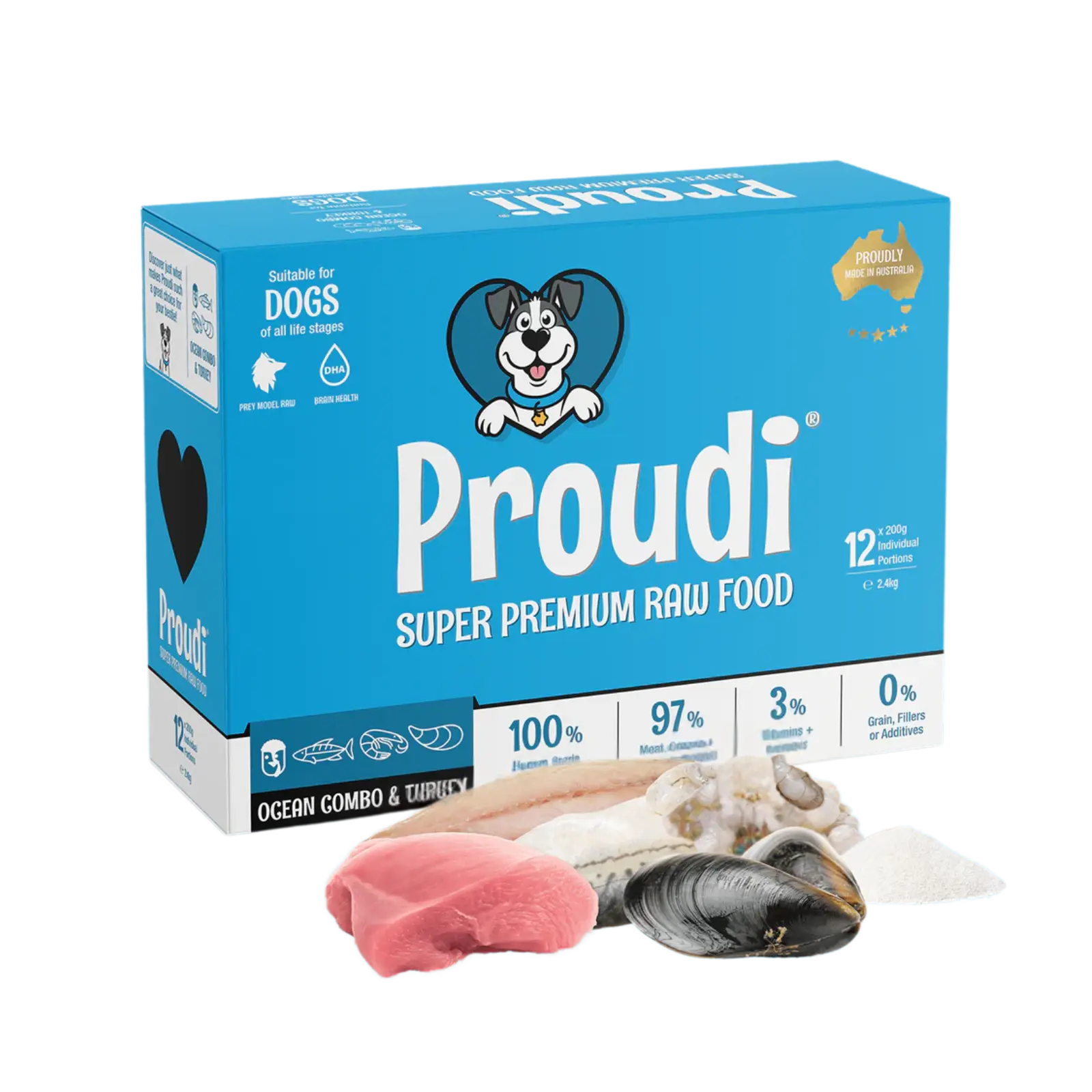 Proudi Ocean Combo and Turkey Raw Patties for Dogs - 12 x 200g Proudi
