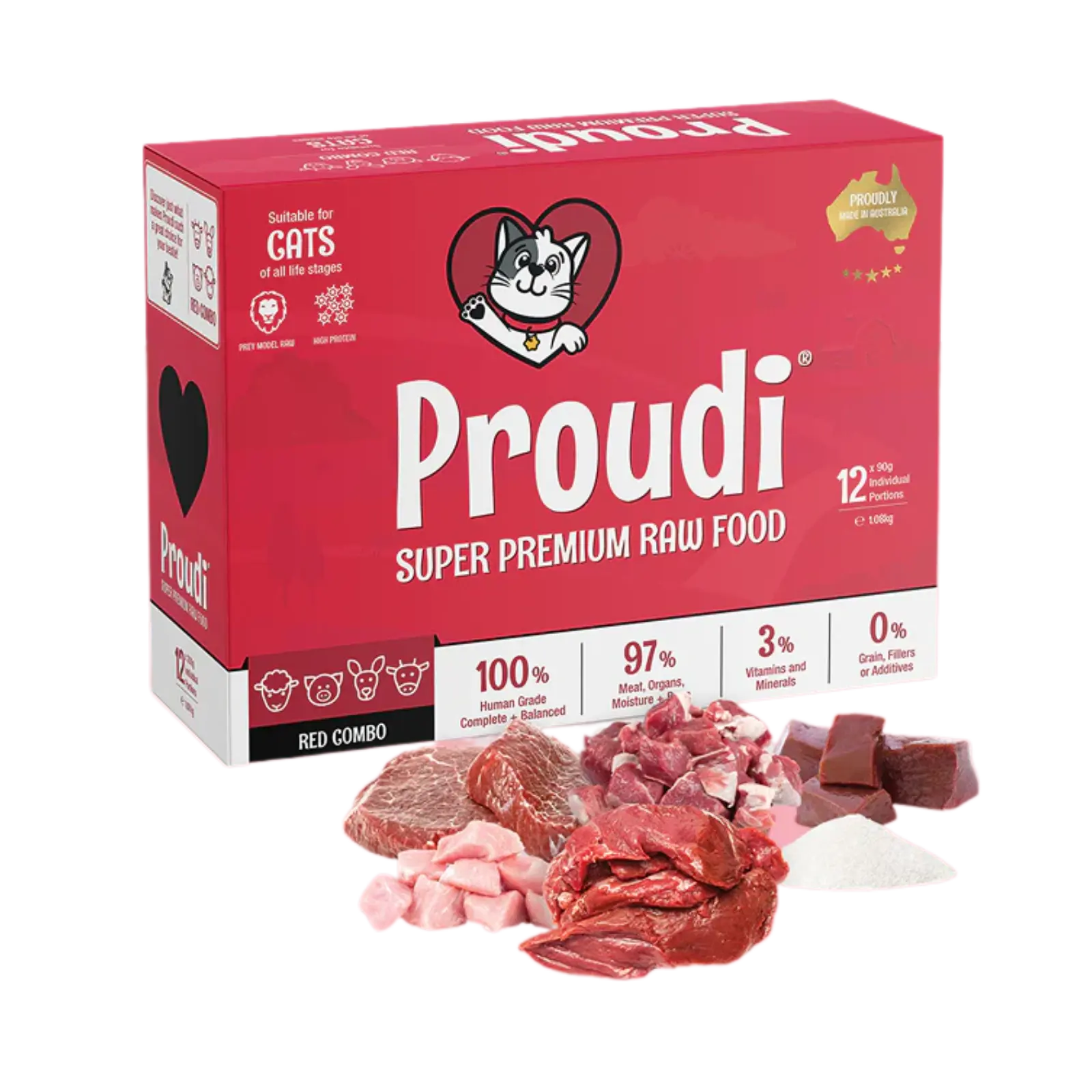 Proudi Red Combo Raw Patties for Cats - 12 x 90g Proudi