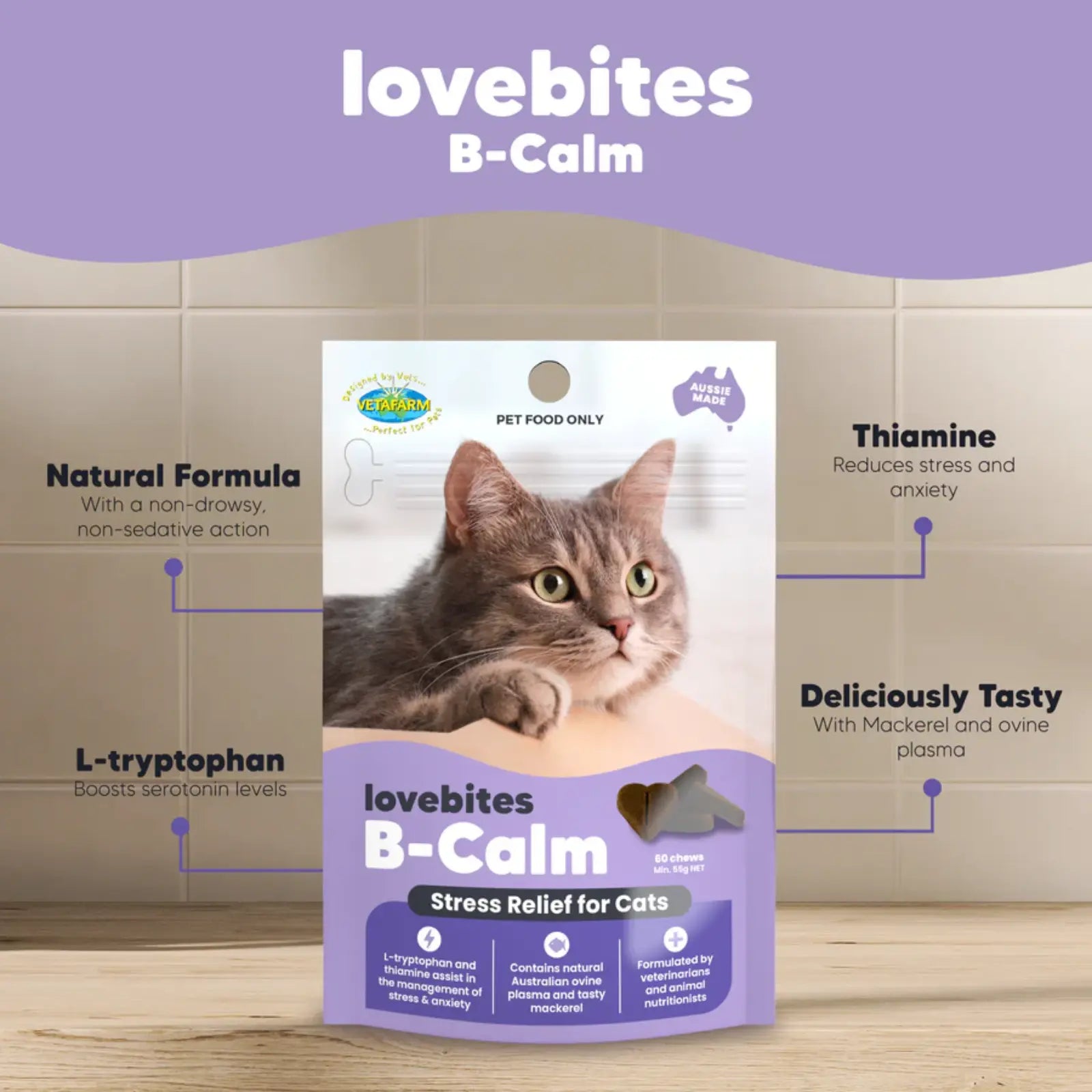 Vetafarm Lovebites B-Calm Chews for Cats 60 Pack Vetafarm