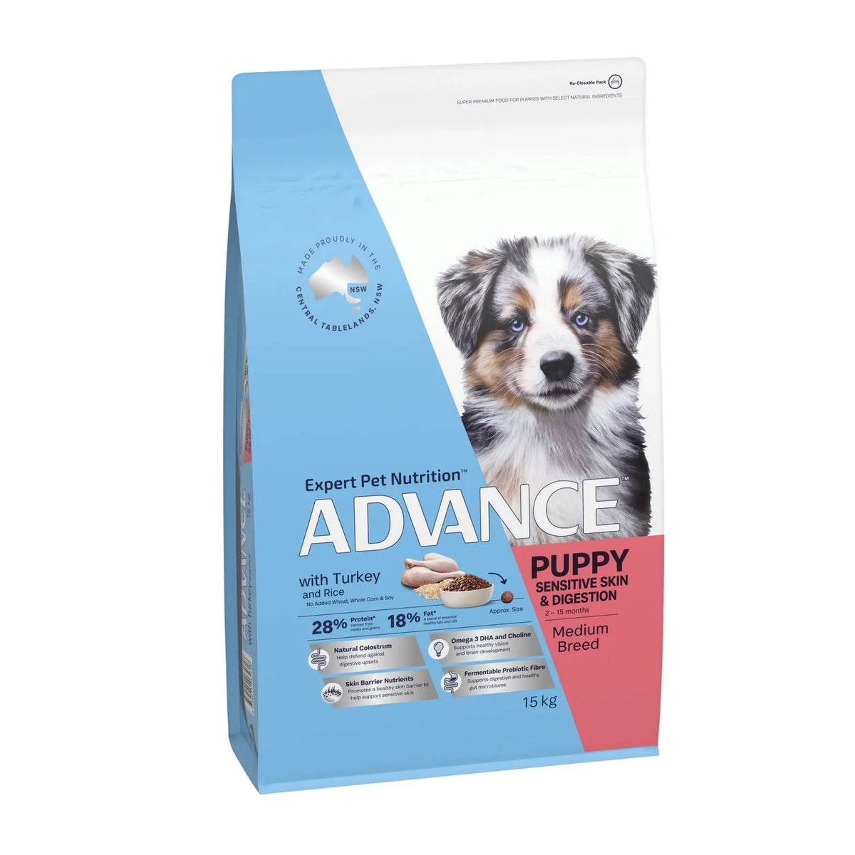 Advance Dog Food Puppy Medium Breed Sensitive Skin & Digestion with Turkey and Rice - 15kg