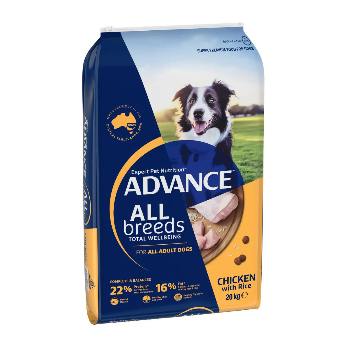 A 20 kg bag of Advance All Breeds Chicken with Rice dog food, featuring a navy blue and yellow package design with a photo of a Border Collie on the front.
