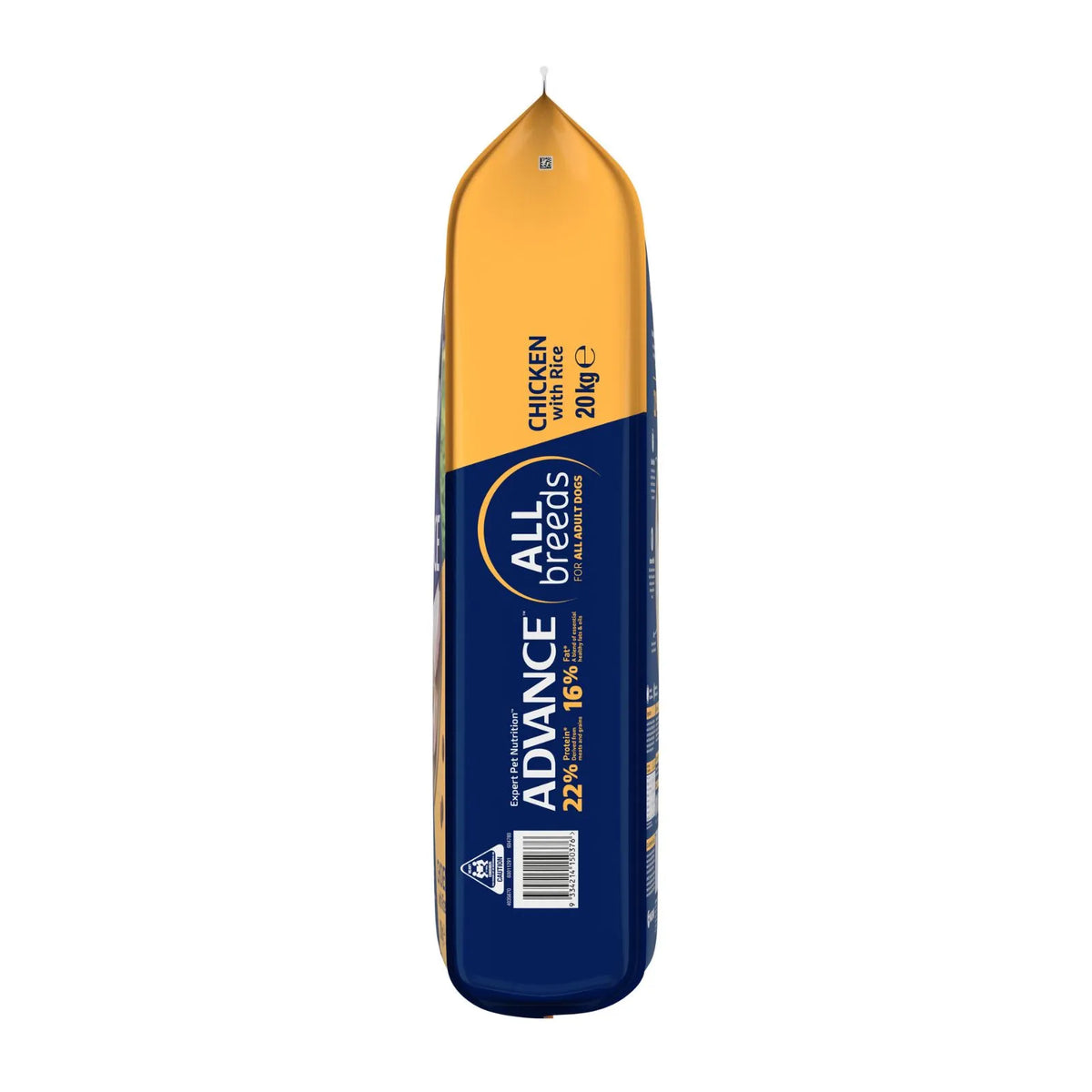 A packaged food product, specifically a 20kg package of Advance All Breeds Chicken with Rice, featuring a yellow top half and a dark blue bottom half with white and yellow text, isolated on a white background.