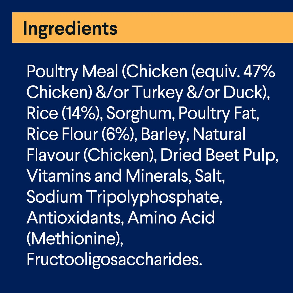 Ingredients list of Advance Adult All Breed Chicken with Rice dry dog food 20 kg bag on a dark blue background with an orange header reading 'Ingredients'. The text lists poultry meal, rice, sorghum, poultry fat, rice flour, barley, natural flavour (chicken), dried beet pulp, vitamins and minerals, salt, sodium tripolyphosphate, antioxidants, amino acid (methionine), and fructooligosaccharides.