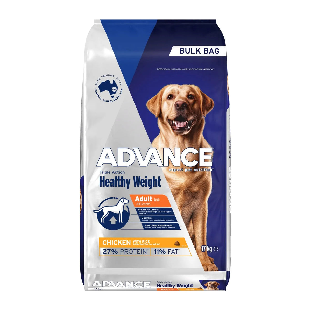 Advance Adult Healthy Weight All Breeds Chicken and Rice dry dog food, bulk 17kg bag.
