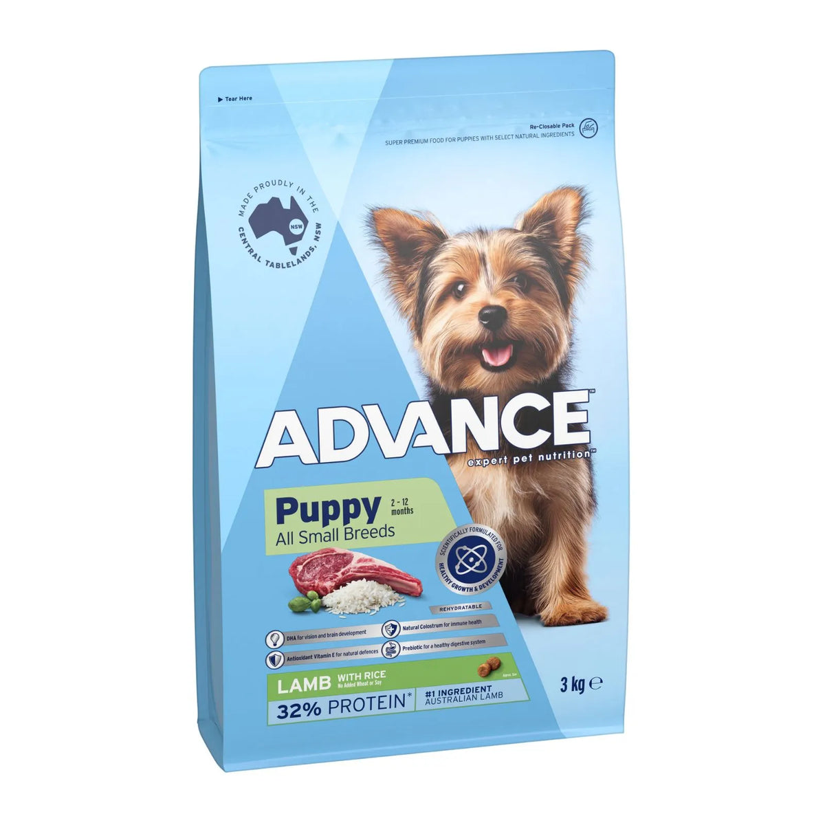 Advance Small Breed Puppy Lamb and Rice dry dog food 3 kg bag.