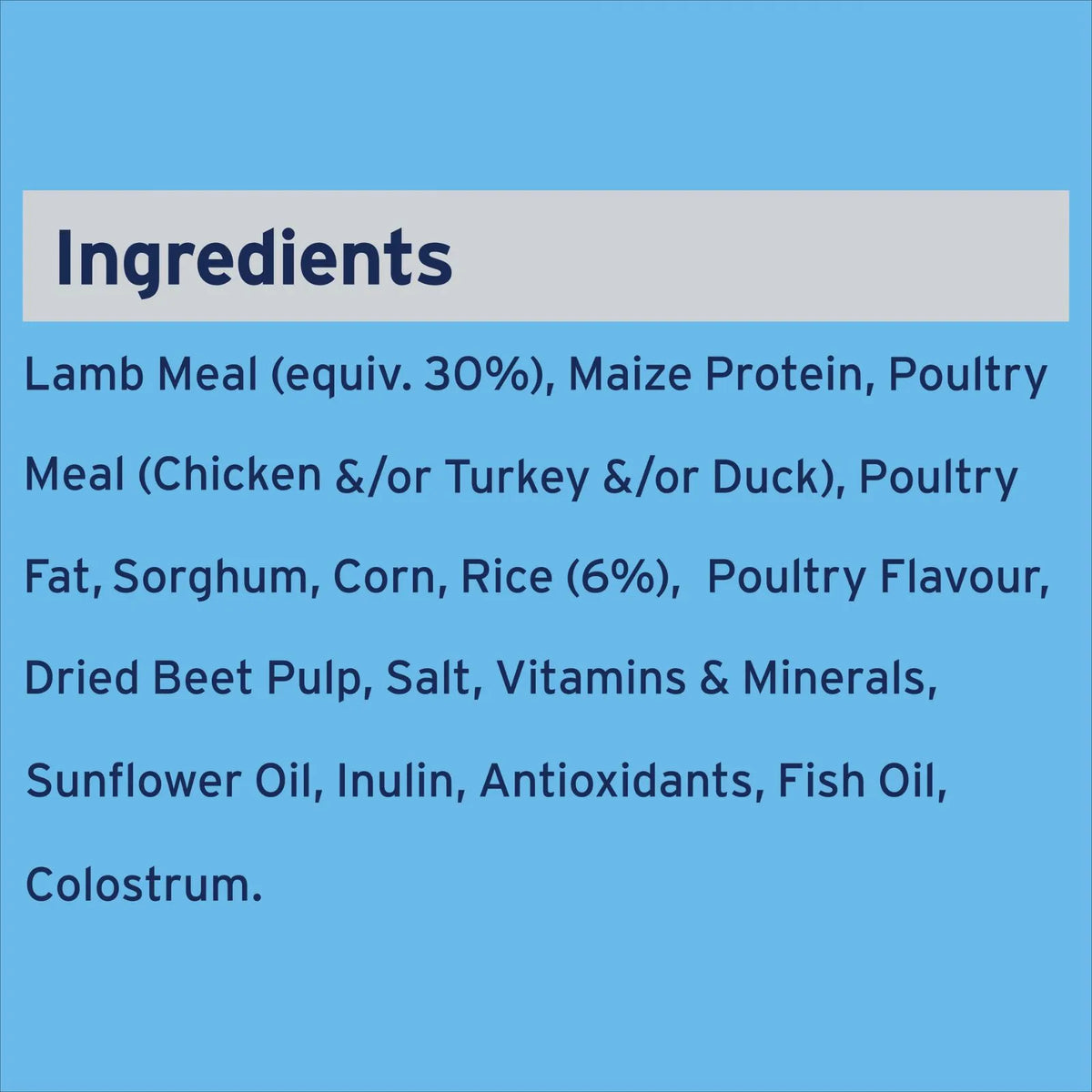 List of ingredients for Advance Small Breed Puppy Lamb and Rice dry dog food 3 kg on a blue background