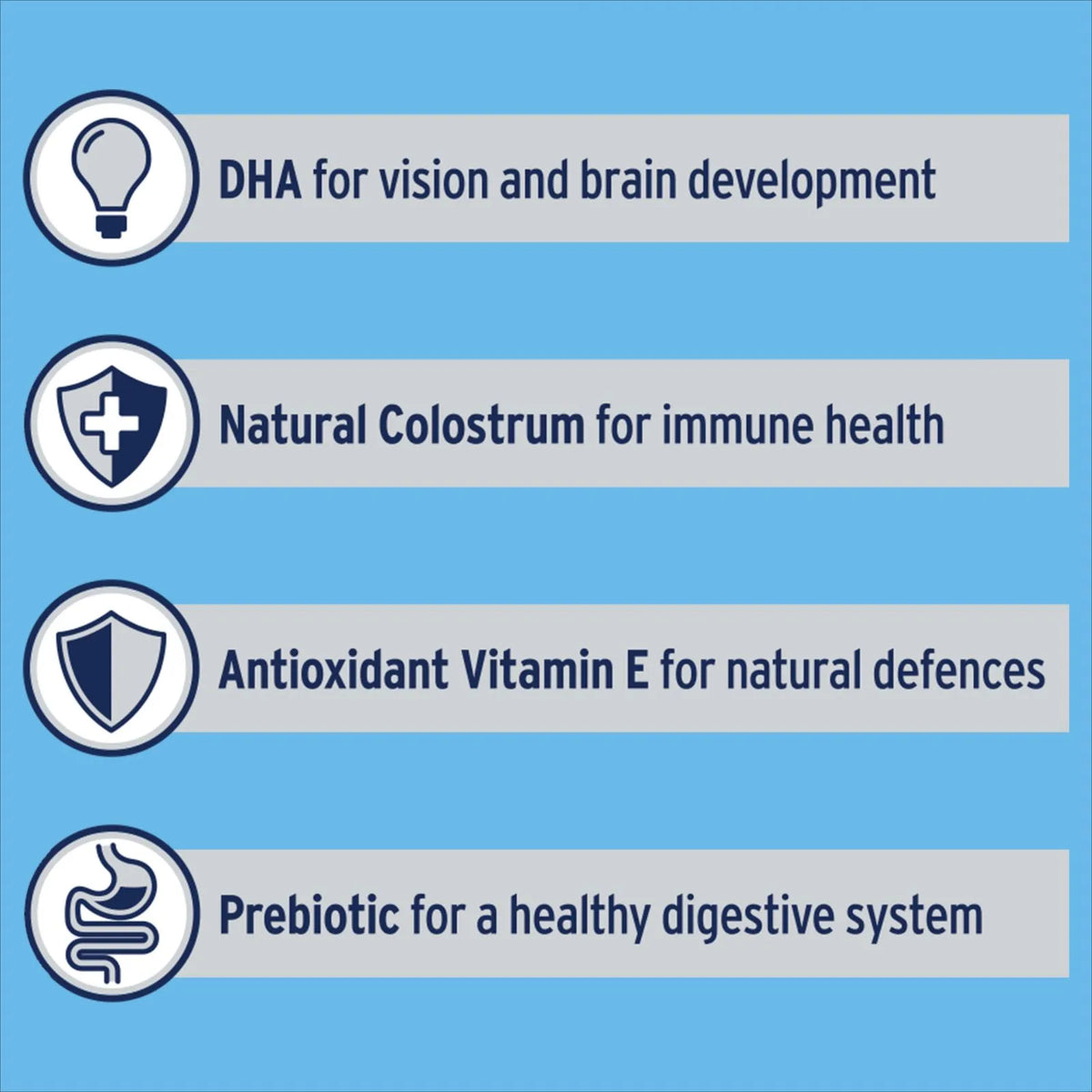 A blue informational graphic with four horizontal light gray bars and circular icons for Advance Small Breed Puppy Lamb and Rice dry dog food 3 kg. The text reads: 'DHA for vision and brain development,' 'Natural Colostrum for immune health,' 'Antioxidant Vitamin E for natural defences,' and 'Prebiotic for a healthy digestive system.