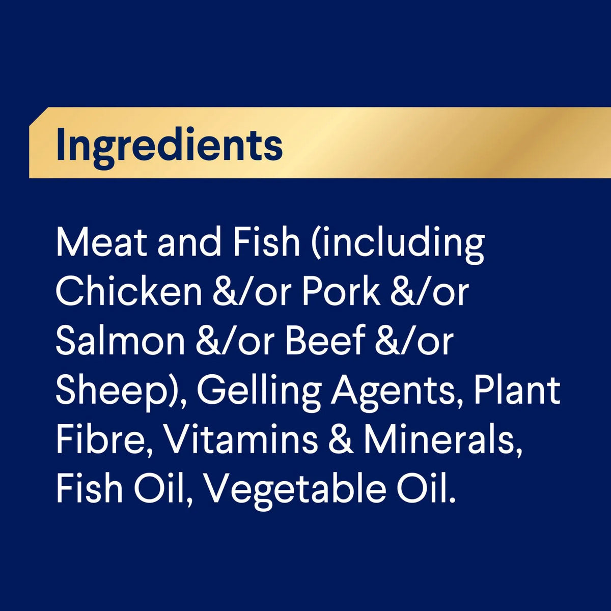 A text panel with a dark blue background and a gold banner reading 'Ingredients' for Advance Adult Oodles with Salmon wet dog food box, ingredients including chicken, pork, salmon, beef, sheep, gelling agents, plant fibre, vitamins and minerals, fish oil, and vegetable oil.