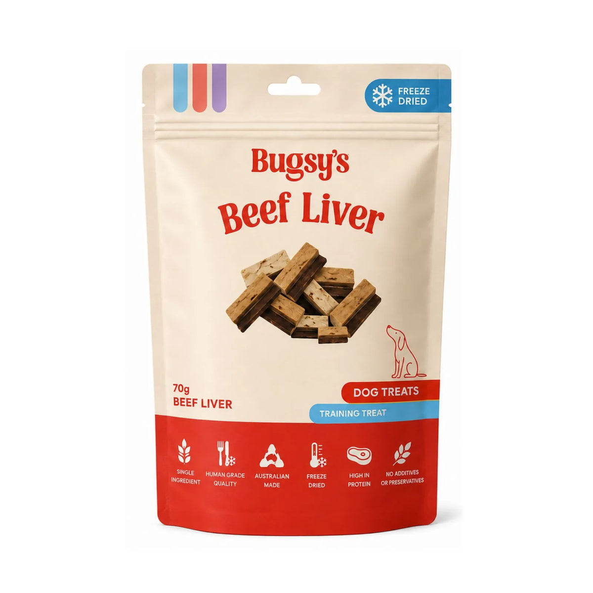A stand-up pouch of Bugsy's Beef Liver dog treats on a plain white background. The package is beige with red and blue text and graphics, showing a photo of beef liver treats and a small dog silhouette.