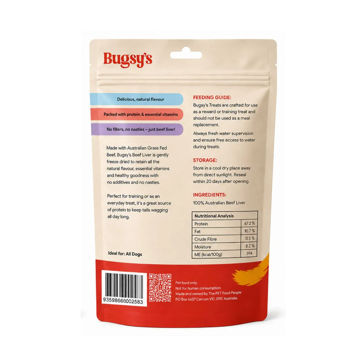 Back view of a Buggy's dog food pouch, showing the beige and red packaging with text details, a barcode, and a small flame graphic on a white background.