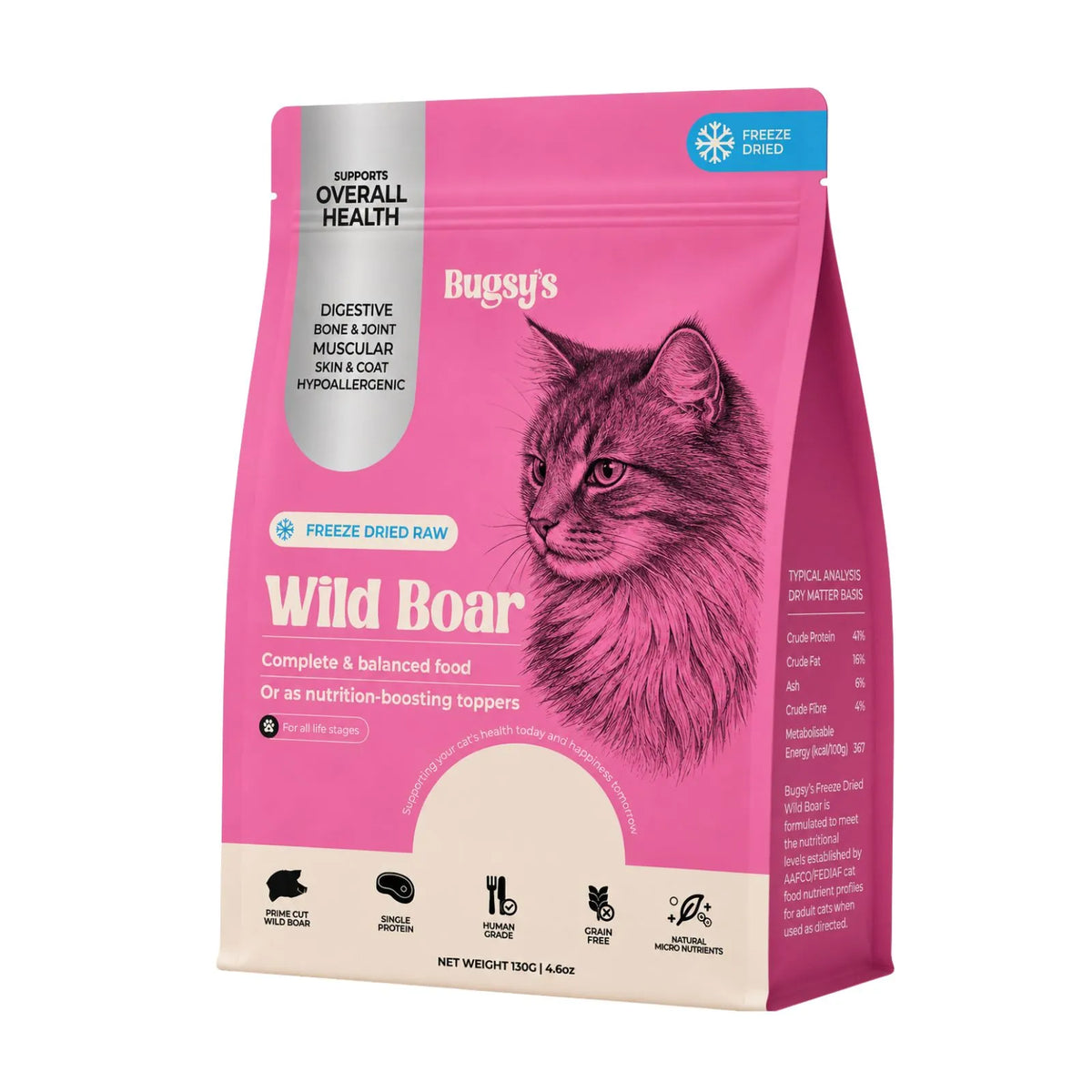 Bugsy's Freeze-Dried Complete & Balanced Diet For Cats - Wild Boar - 132g