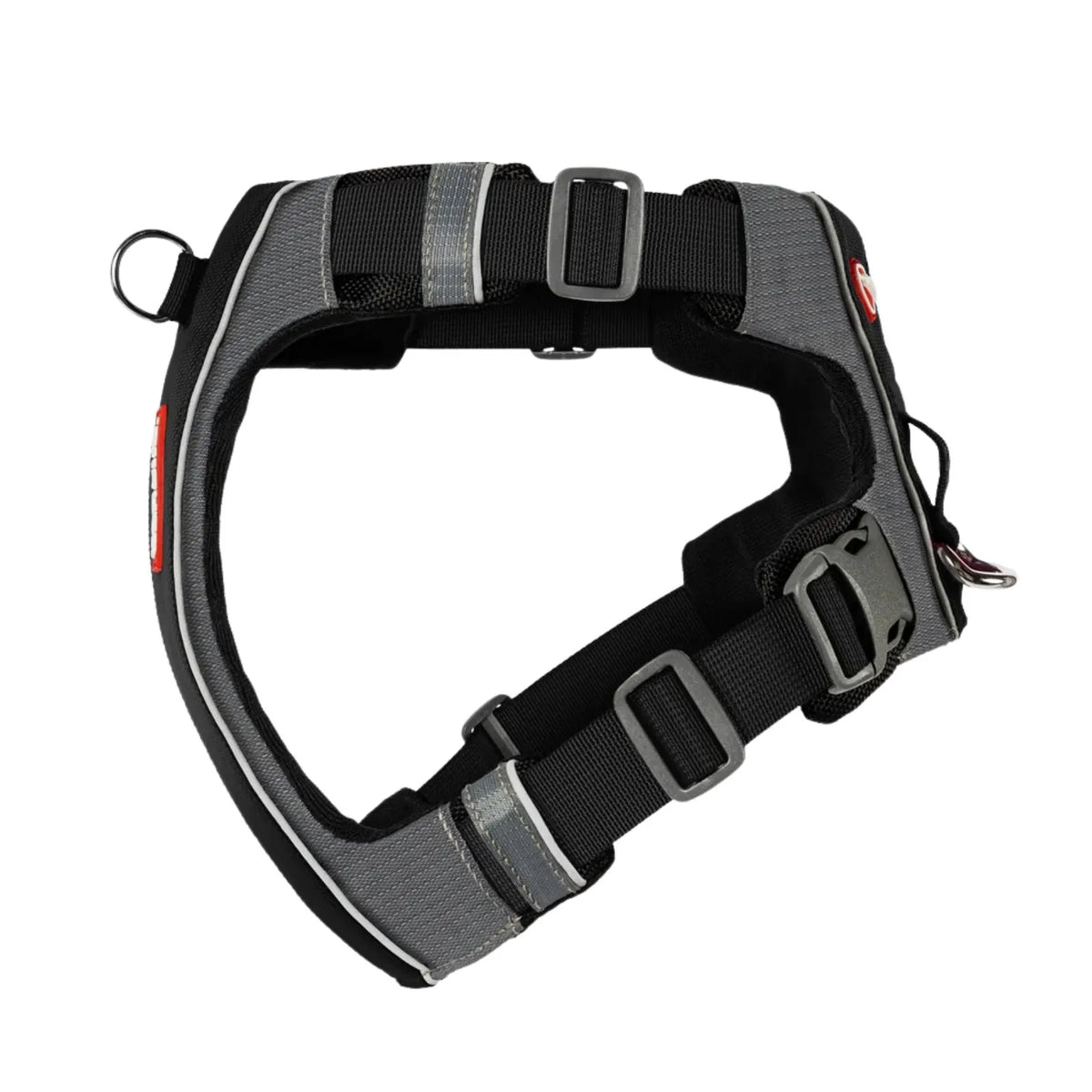 A black and gray reflective dog harness with silver buckles and reflective stripes, shown on a plain white background.
