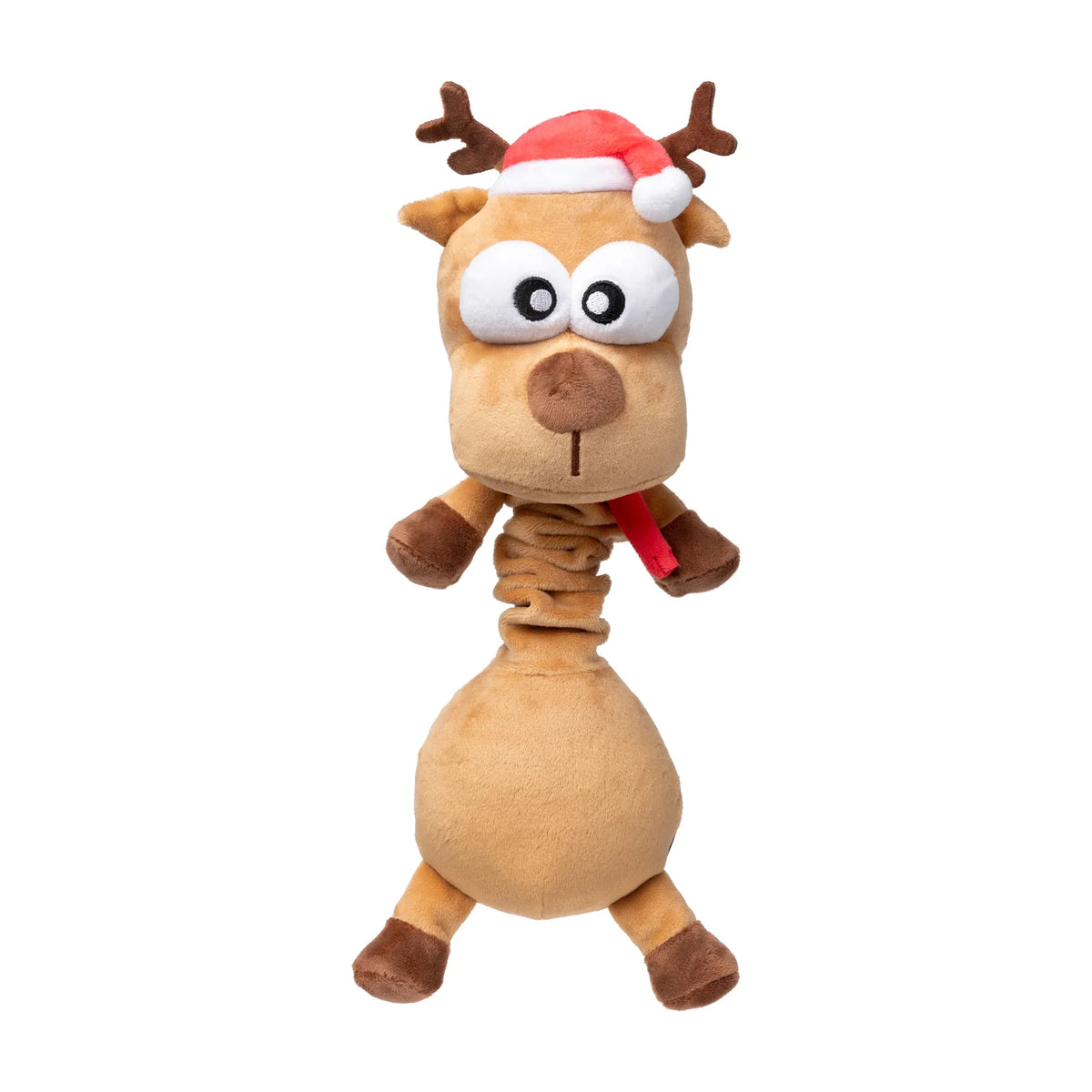 A plush FuzzYard Domineck The Reindeer long-necked Christmas dog toy shaped like a cartoon reindeer with a red Santa hat and a red neck accessory, photographed on a plain white background.