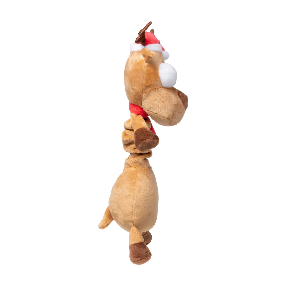 A plush FuzzYard Domineck The Reindeer long-necked Christmas dog toy with a light brown body, darker brown hooves and ears, a red Santa hat, and a red collar, shown against a plain white background.