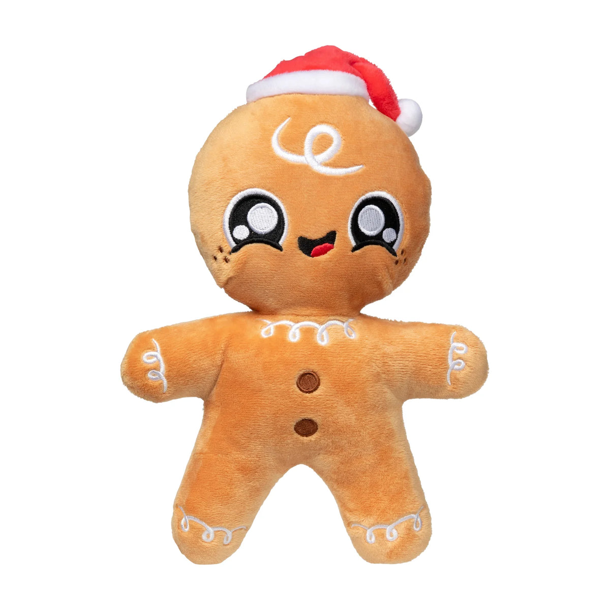 A plush FuzzYard Doughminic gingerbread Christmas dog toy wearing a red and white Santa hat, with embroidered facial features and white icing details, shown on a plain white background.