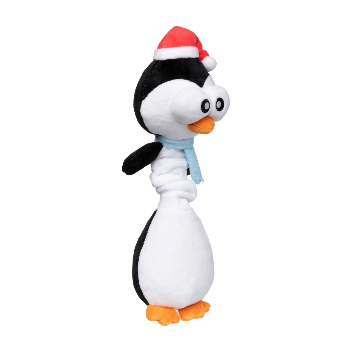 A plush FuzzYard Christmas Finneck The Penguin long-necked plush dog toy wearing a red Santa hat with white trim and a light blue scarf, standing on orange feet against a plain white background.