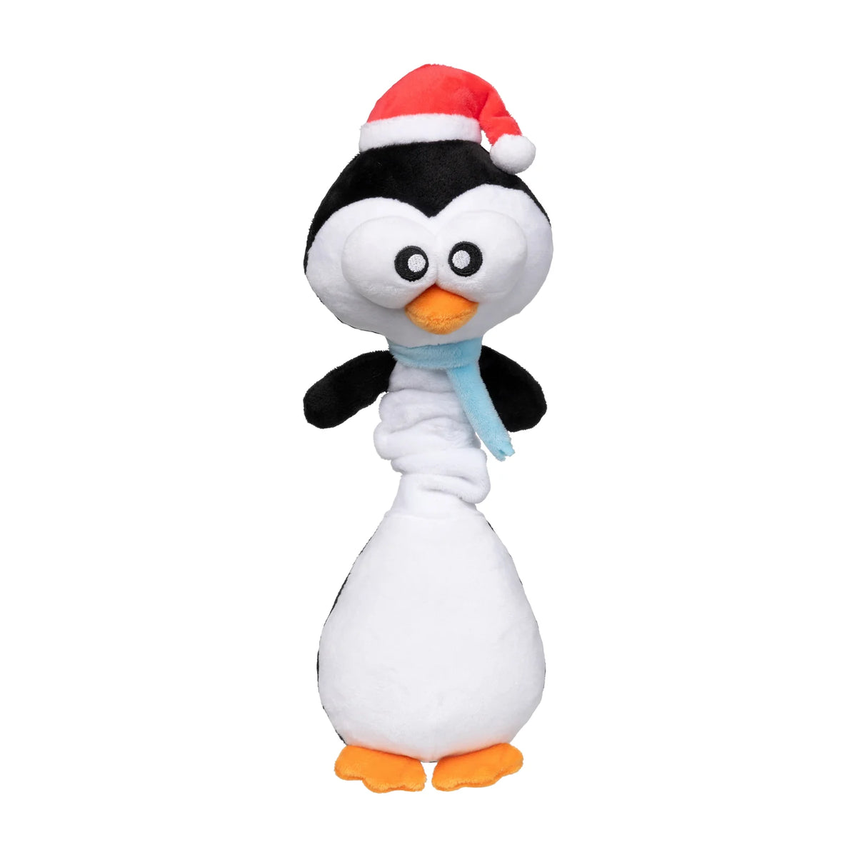 A plush FuzzYard Christmas Finneck The Penguin long-necked plush dog toy wearing a red Santa hat with white trim and a light blue scarf, standing against a plain white background.