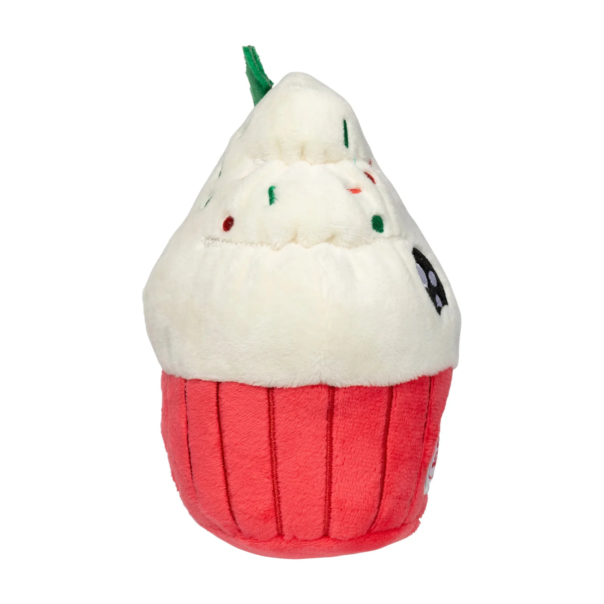 A FuzzYard Frosty The Cupcake plush Christmas dog toy with white frosting, red wrapper, and small green and red sprinkles, shown on a plain white background.