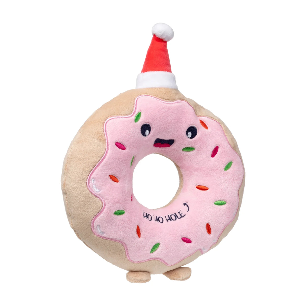 A plush FuzzYard Ho Ho Donut Christmas Dog Toy with pink frosting, colorful embroidered sprinkles, a cute face, and a red Santa hat, shown on a plain white background.