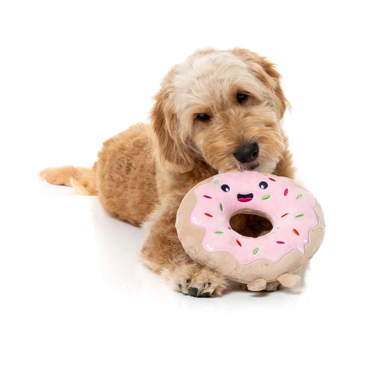 A small golden dog lying on a white studio background, holding a plush FuzzYard Ho Ho Donut Christmas Dog Toy with pink frosting and colorful sprinkles.