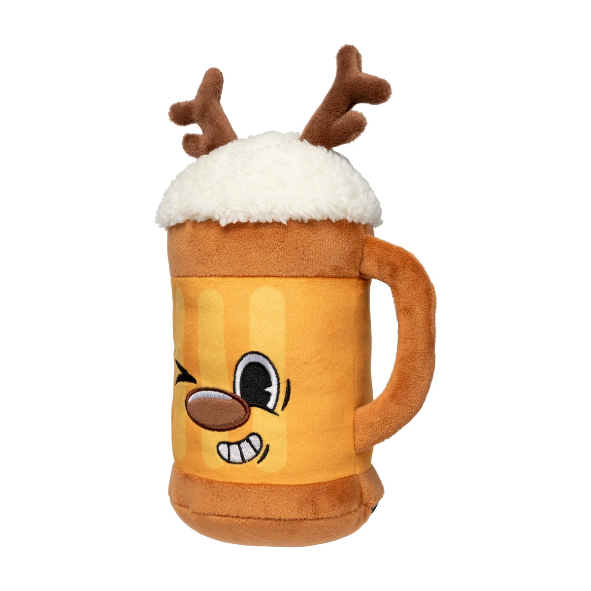 A plush FuzzYard Jolly Reinbeer reindeer Christmas dog toy styled like a festive beer stein, featuring a yellow face with a winking eye, brown antlers on top, and white faux-froth detailing, shown against a plain white background.