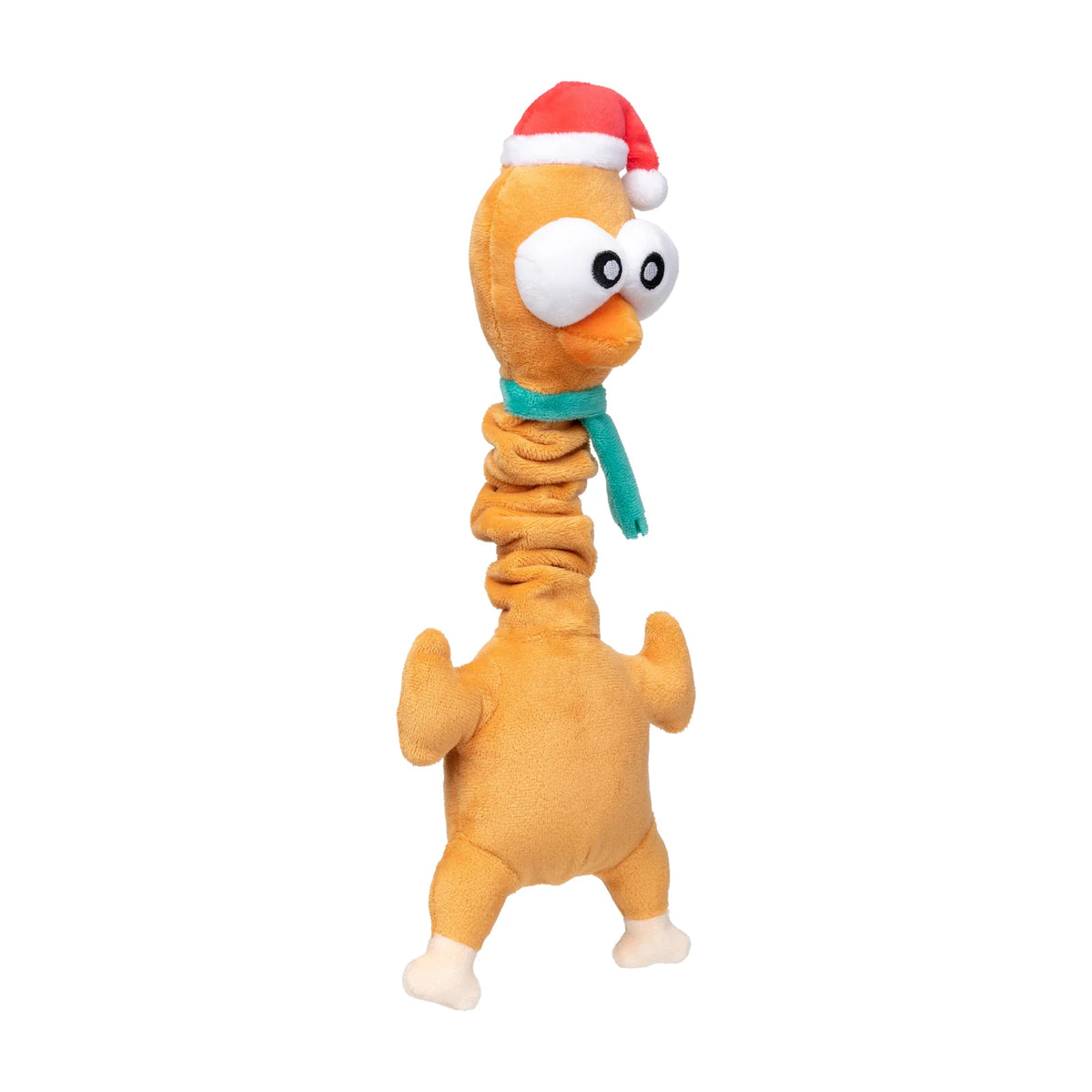 A plush FuzzYard Monecka The Turkey long-necked Christmas dog toy shaped like a turkey with a long coiled neck, wearing a red Santa hat and a teal scarf, photographed on a plain white background.