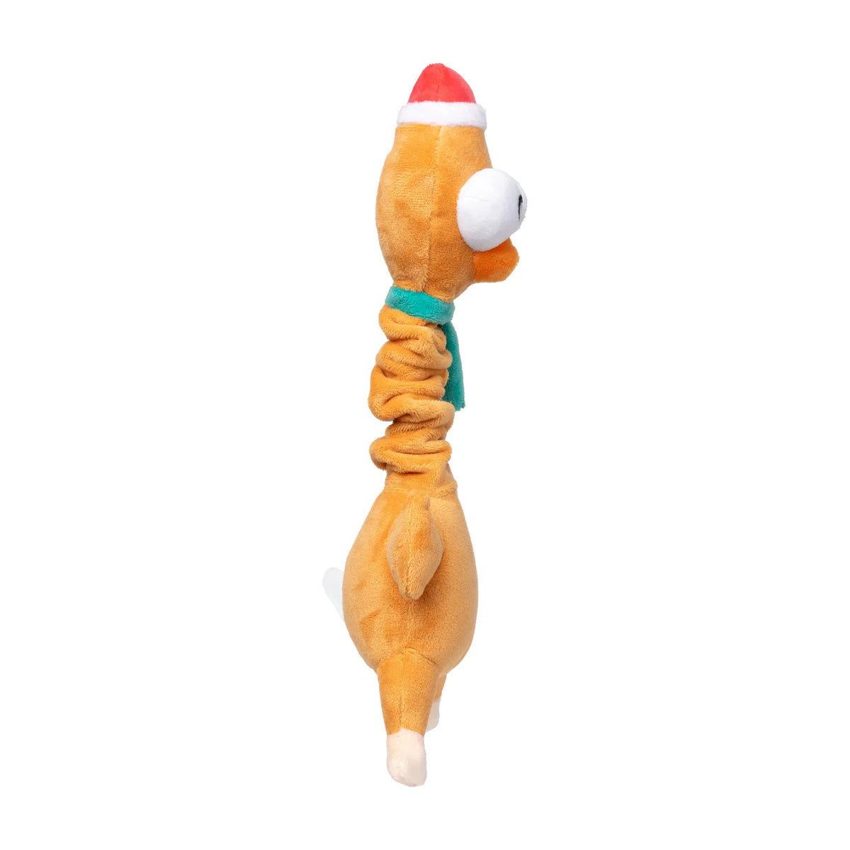 A plush FuzzYard Monecka The Turkey long-necked Christmas dog toy toy with a long, squishy neck, featuring an orange body, a white eye, a red and white Santa hat, and a teal scarf, shown against a plain white background.