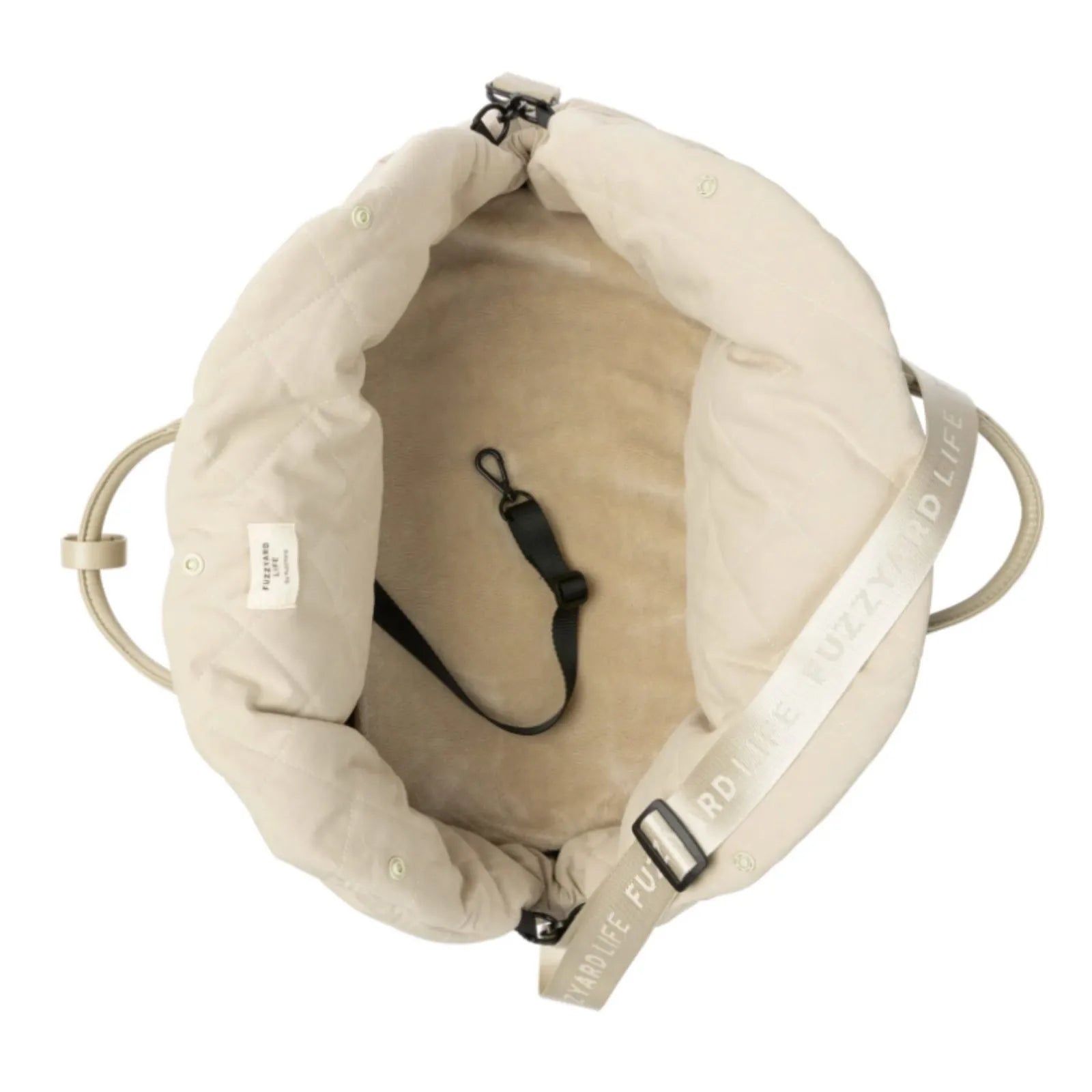 Top-down view of FuzzYard Life Multipurpose Pet Carrier and Car Seat with a matching fabric harness strap and black safety leash, shown on a white background.