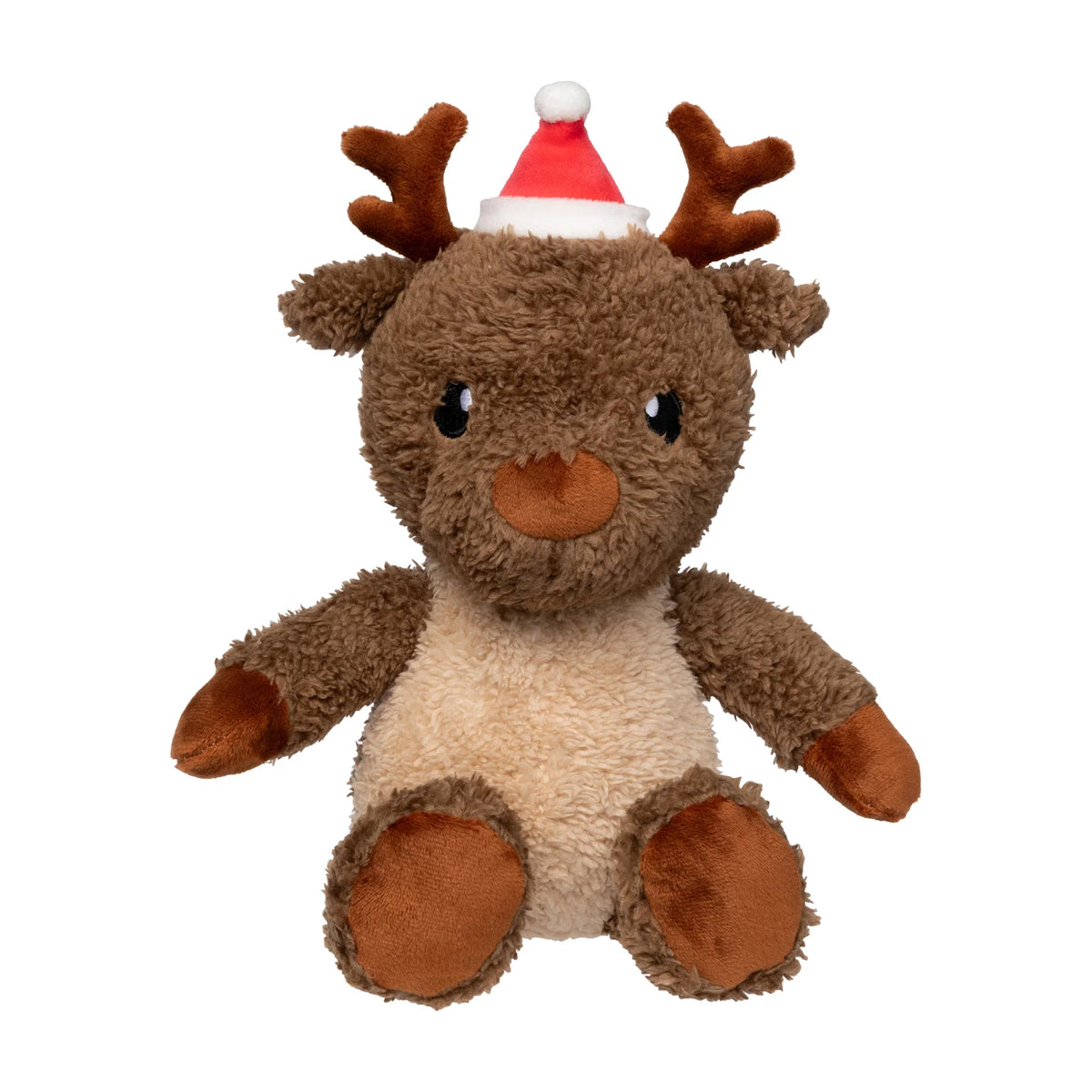 A FuzzYard Ralph The Reindeer plush Christmas dog toy with brown fur, a cream-colored belly, and a red and white Santa hat, set against a plain white background.