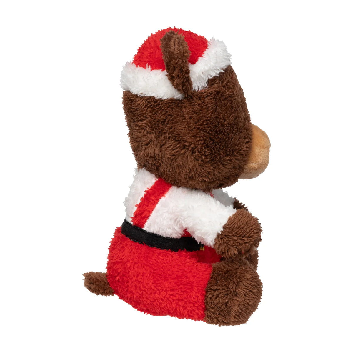 A FuzzYard Santa Fuzz Bear plush Christmas dog toy shown from the back, wearing a red and white Santa hat and a red outfit with a black belt, on a plain white background.