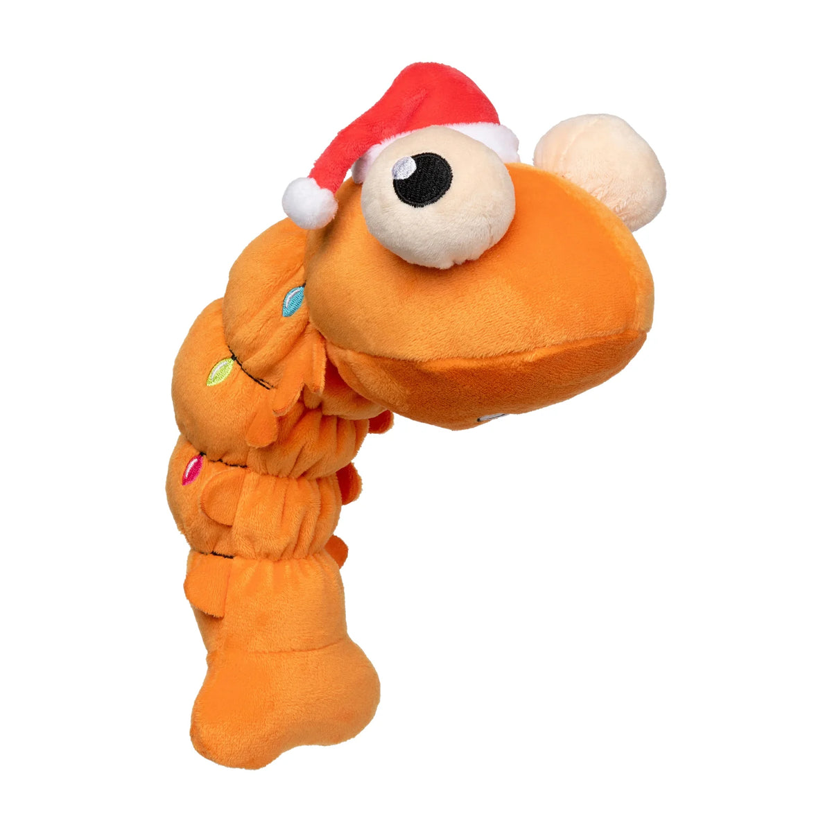 An orange plush FuzzYard Shelvis Presley Christmas prawn dog toy shaped like a cartoon worm or caterpillar, wearing a red Santa hat with white trim and small multicolored decorative accents, isolated on a white background.