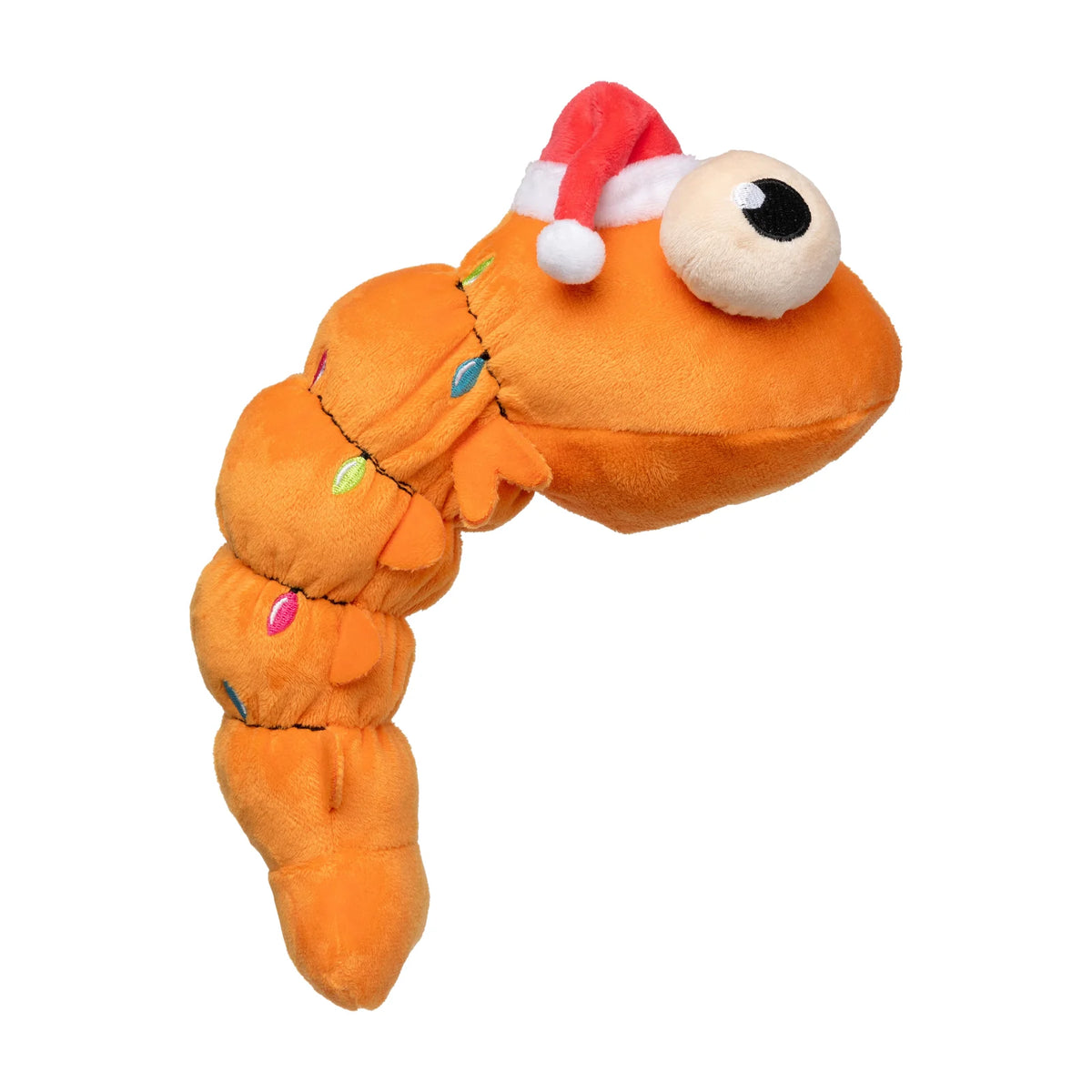 An orange plush FuzzYard Shelvis Presley Christmas prawn dog toy with a red and white Santa hat, decorated with small colorful Christmas lights, on a solid white background.