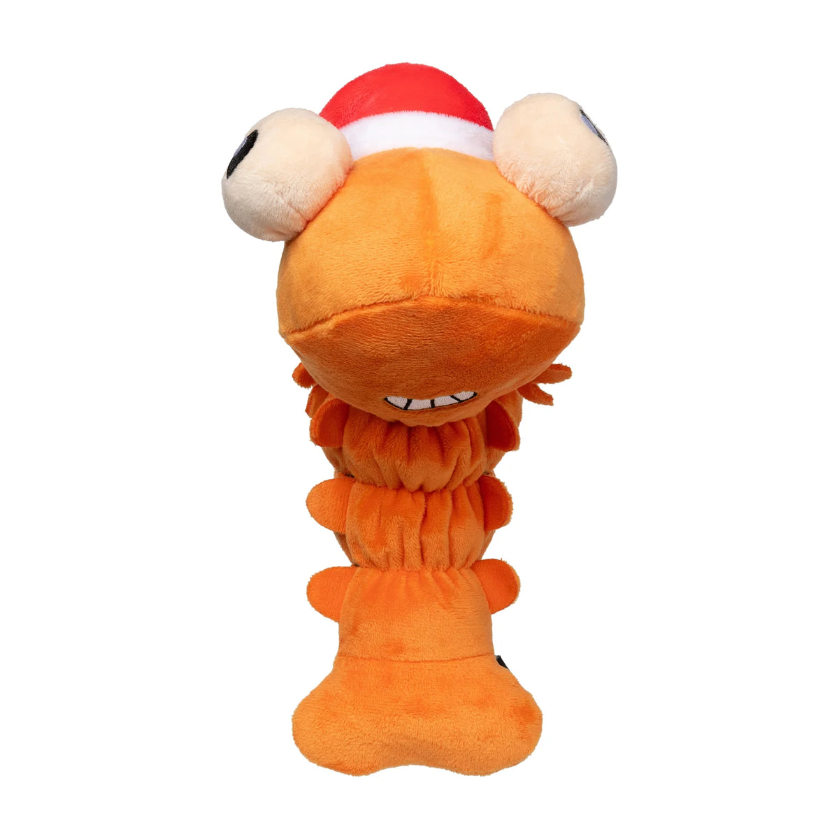 An orange plush FuzzYard Shelvis Presley Christmas prawn dog toy shaped like a cartoon shrimp or worm character, wearing a red and white Santa hat, photographed against a plain white background.