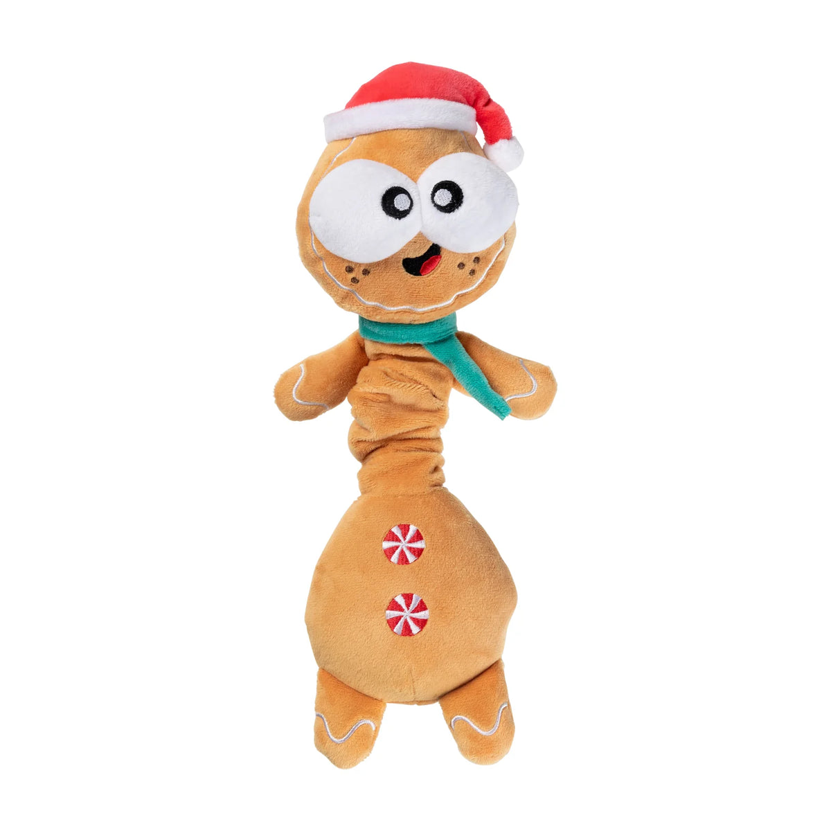 A plush FuzzYard Christmas Veronecka long-necked gingerbread dog toy with Santa hat and green scarf with a red Santa hat, green scarf, and candy cane buttons, shown against a plain white background.