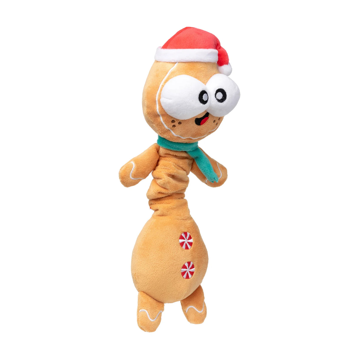 A FuzzYard Christmas Veronecka long-necked gingerbread dog toy with Santa hat and green scarf wearing a red Santa hat and a green scarf, isolated on a white background.