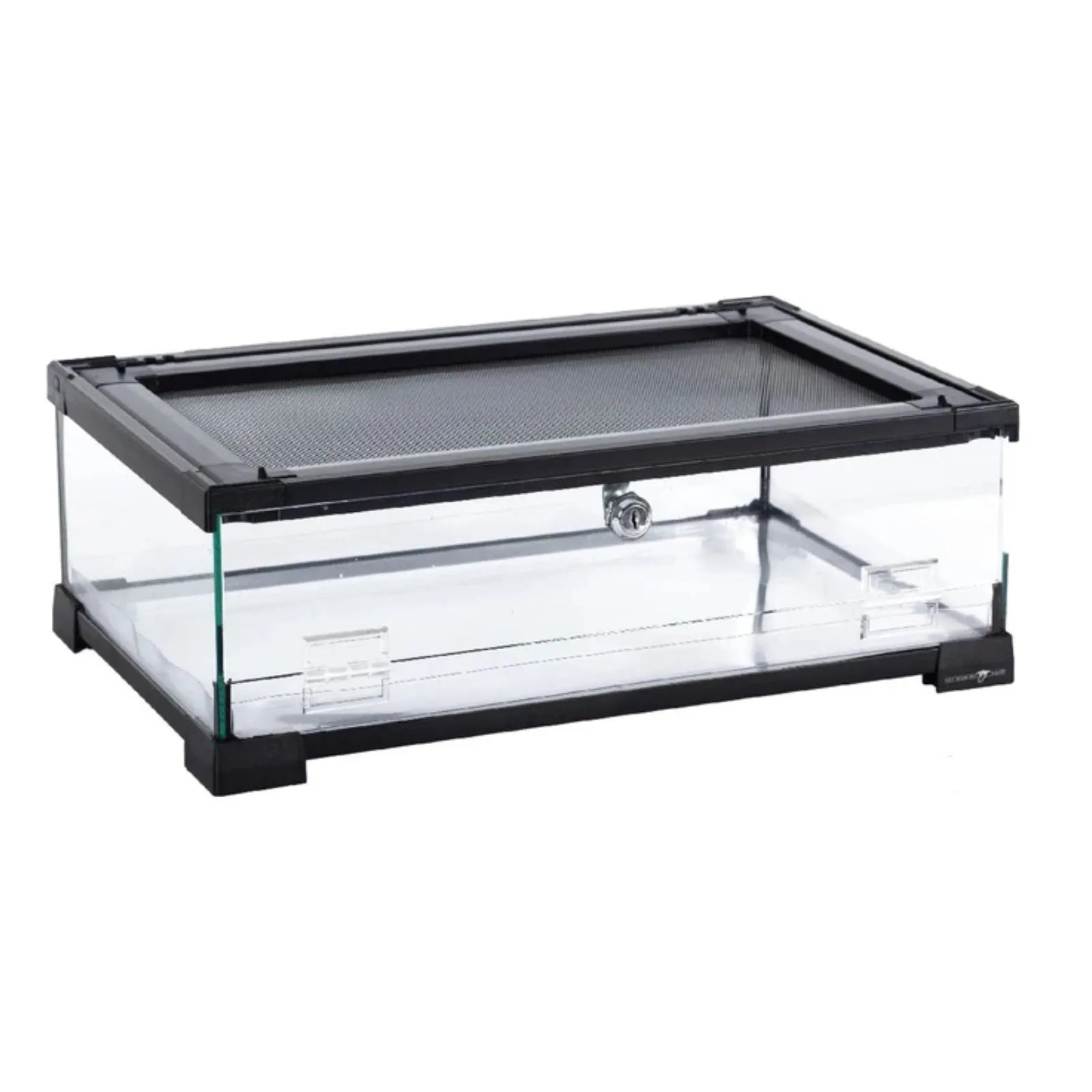 A clear glass terrarium with a black plastic frame, lid, and base, shown on a plain white background.