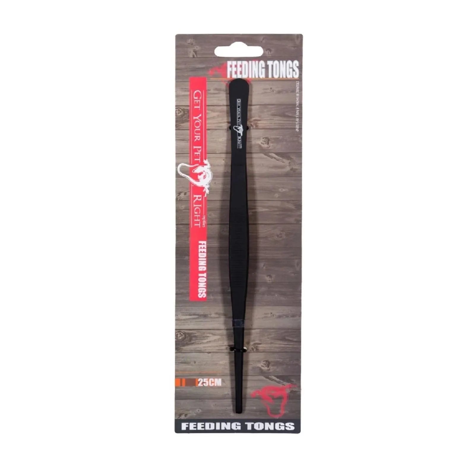 Get your pet right black metal dog feeding tong with a rubber pull tab, mounted on a brown wood-grain retail card labeled 'FEEDING TONGS'.