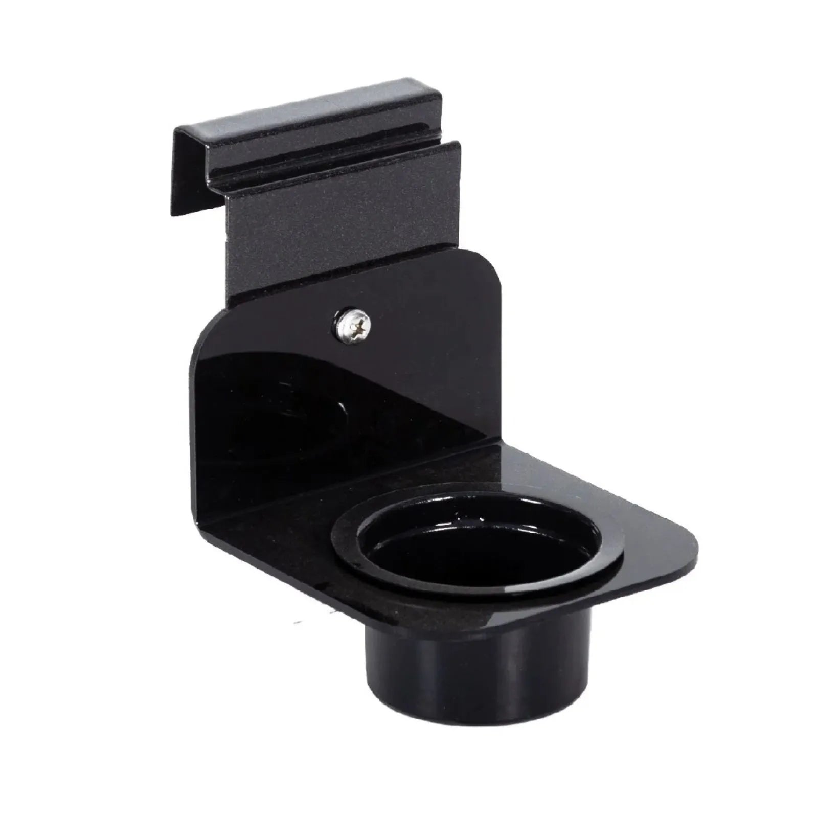 Get your pet right black metal wall-mounted cup holder bracket with a circular recess and a small silver screw fastener, shown on a plain white background.