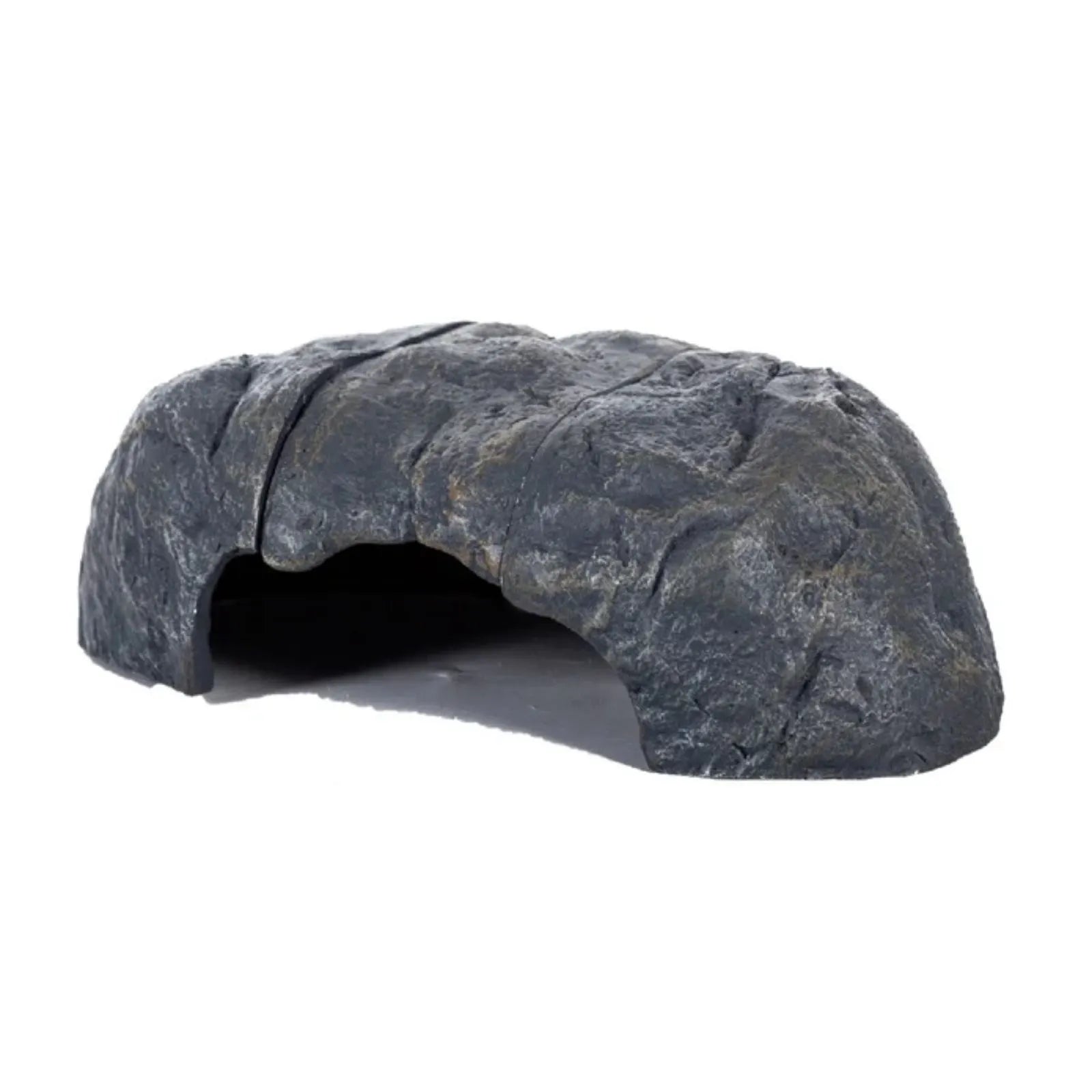 Get your pet right dark gray rock-style animal hide or cave shelter with a textured surface and an open front, shown on a plain white background.
