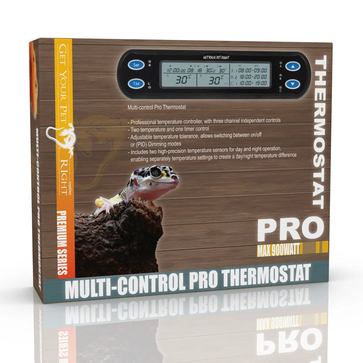 The retail packaging box for the Pro Max 900Watt Multi-Control Get Your Pet Right Pro Thermostat, featuring a brown wood-grain design with an image of a small lizard and a digital display screen.