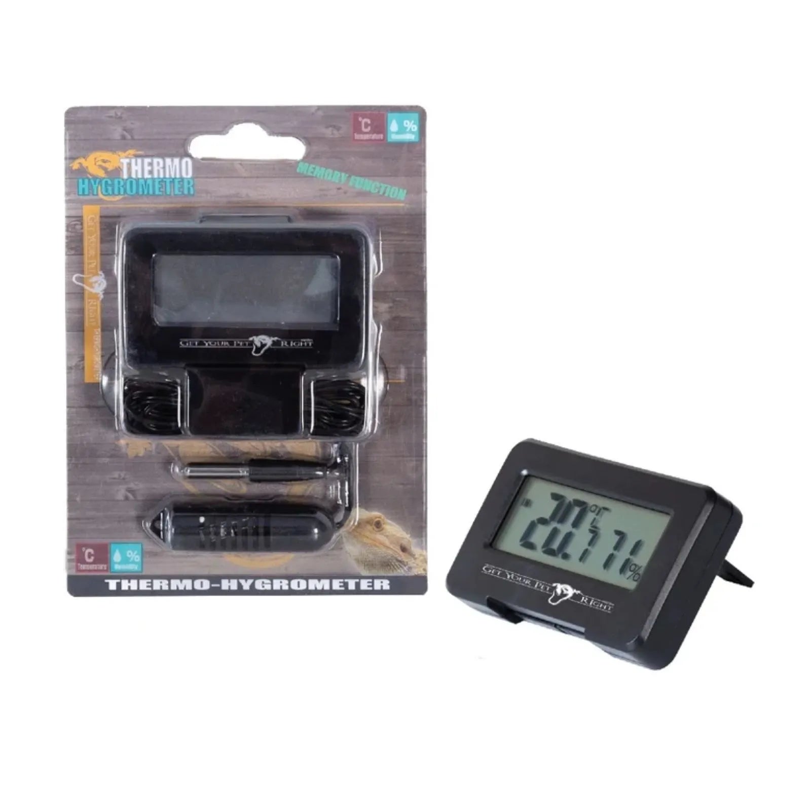 Get your pet right digital thermo-hygrometer shown both in its retail blister packaging and unpackaged. The device is black with a small LCD screen displaying temperature and humidity.