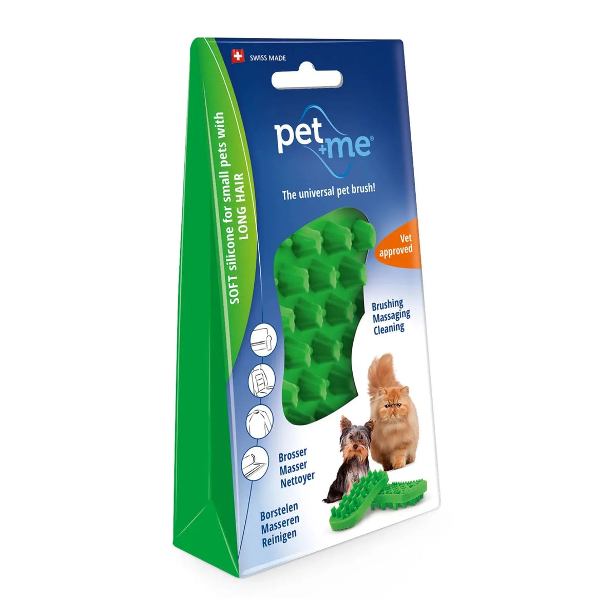 A package of pet+me universal pet brush for small pets with long hair, featuring a green silicone brush inside a blue and green cardboard sleeve with pictures of a cat and a dog.