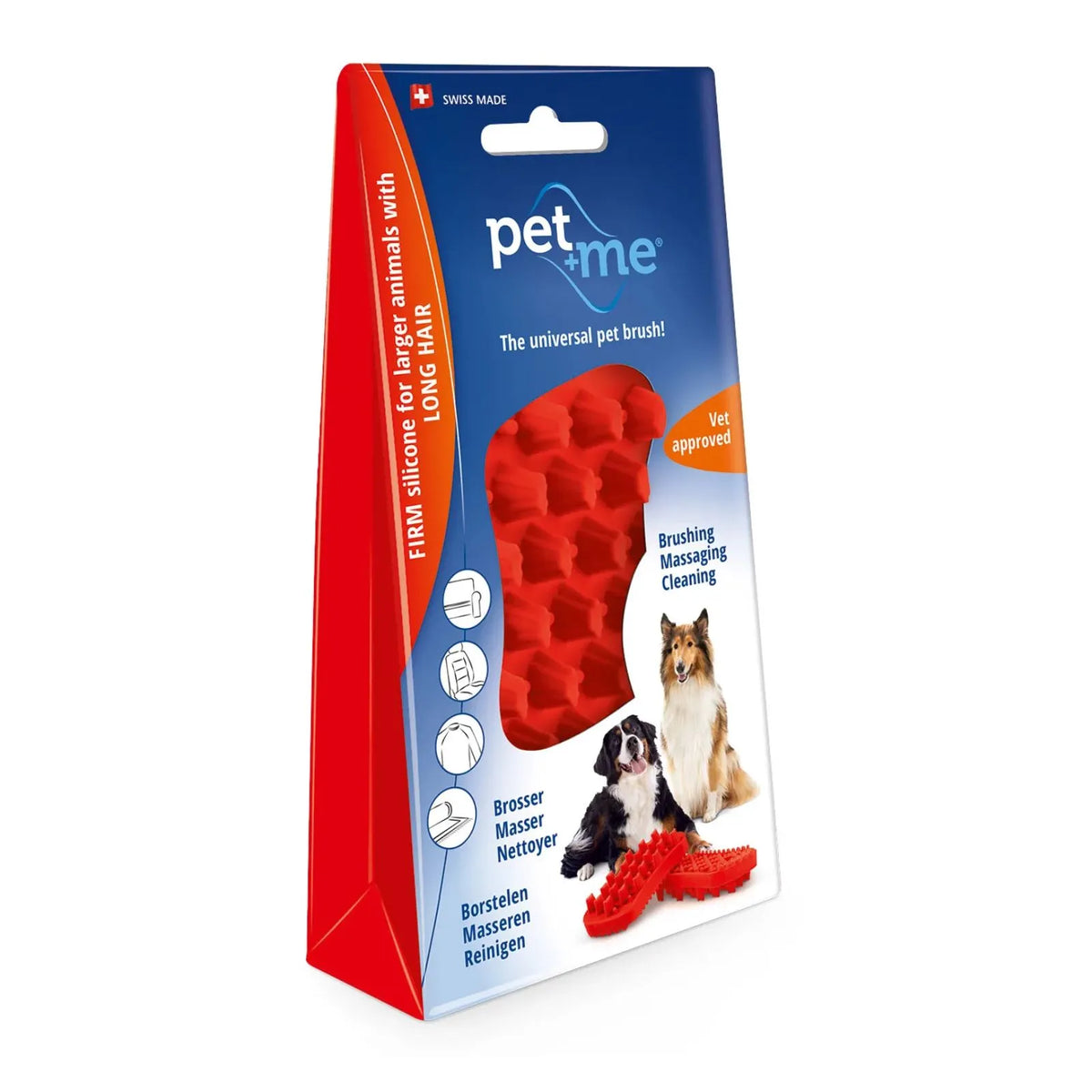Pet + Me pet brush in its retail packaging, featuring a red silicone long-hair pet brush visible through a clear window on a blue and red cardboard box.