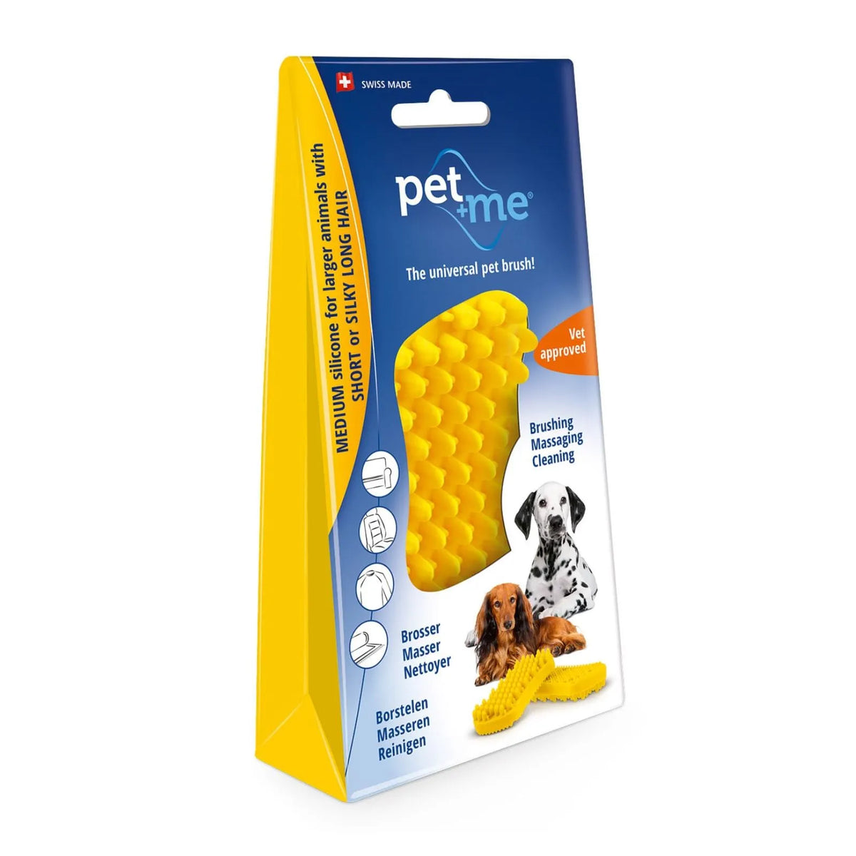 A package of Pet + Me pet-branded yellow textured pet brush toys, shown in its blue and yellow retail packaging with dog illustrations on the front.