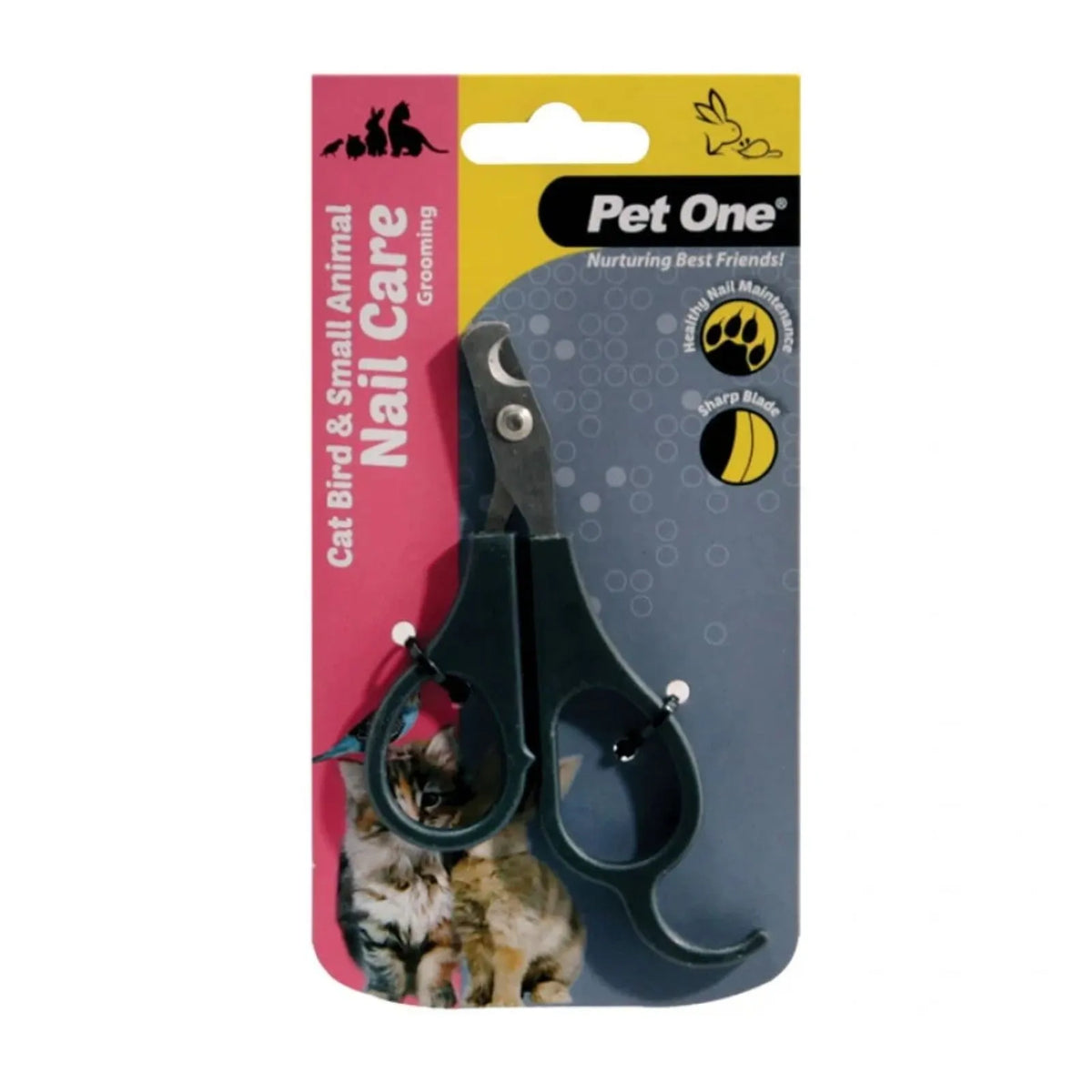 Pet One pet nail care grooming scissors in a black grip, packaged on a pink, yellow, and gray cardboard backing card with a cat photo at the bottom.