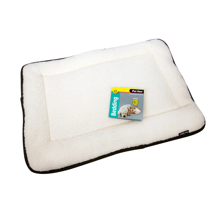 A Pet One rectangular waterproof dog cushion with faux sheepskin top in charcoal. White fleece pet bed with a black stitched border, featuring a small 'Pet Care Bedding' tag in the center, set against a plain white background.