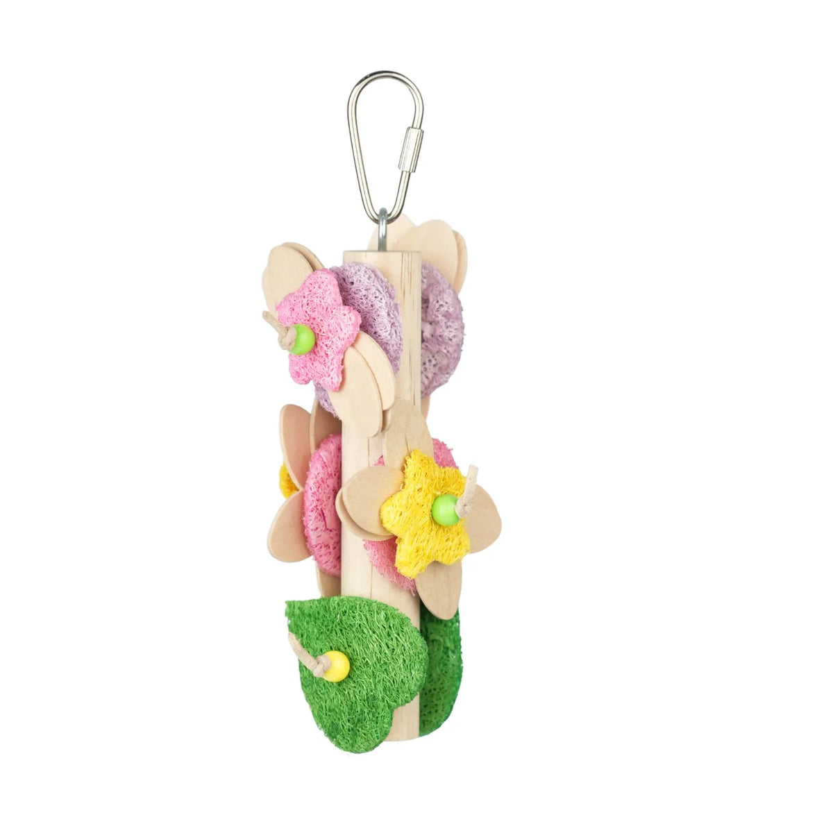 Petoria Blossom Delight Bird Chew Toy with colourful loofah flowers and green leaves, attached to a silver carabiner clip, shown on a plain white background.