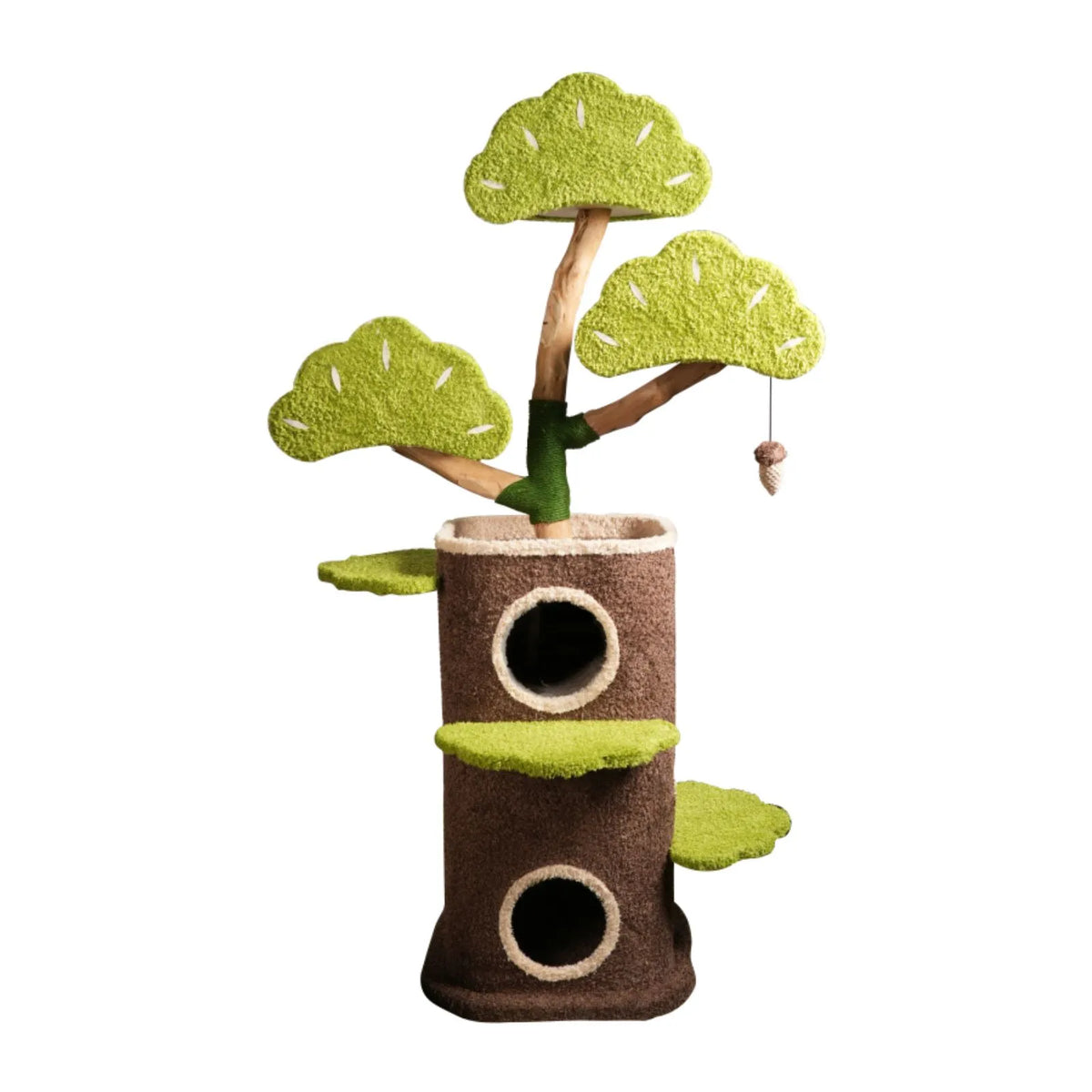 Petoria Bonsai Cat Tree with two enclosed dens, green leaf-shaped platforms and a hanging pinecone toy.