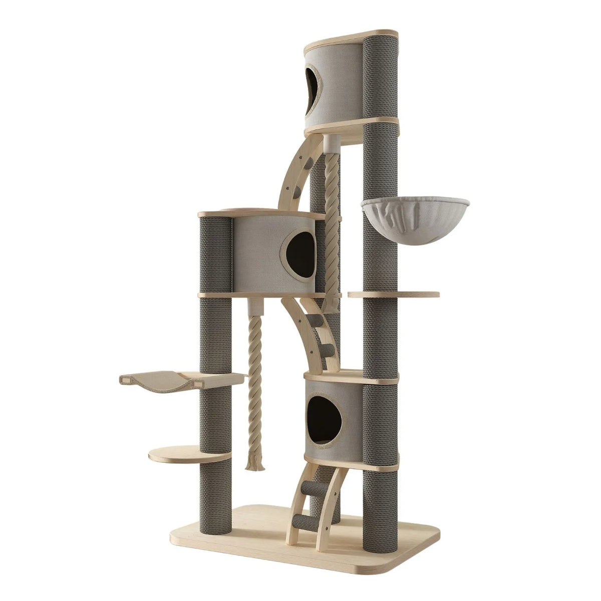 A tall multi-level Petoria Cottage cat tree with natural wood platforms and posts wrapped in gray sisal rope, featuring a top perch, climbing ladder, hanging hammock, and rope toy, shown on a plain white background.